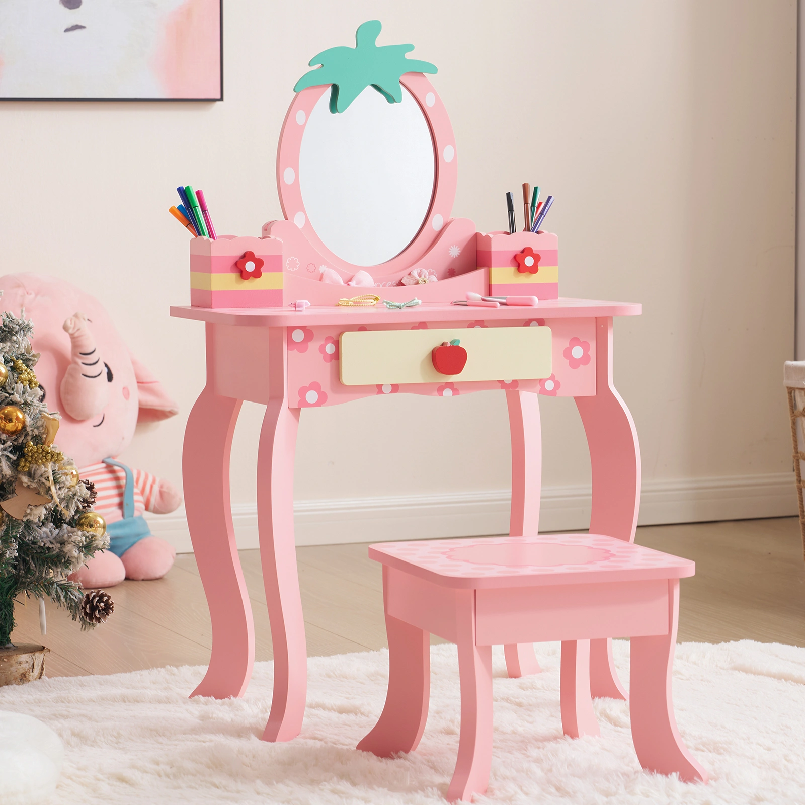 Pink Apple Print Dressing Table Set, MDF Storage Box with 1 Drawer & 2 Desks, Kids Vanity