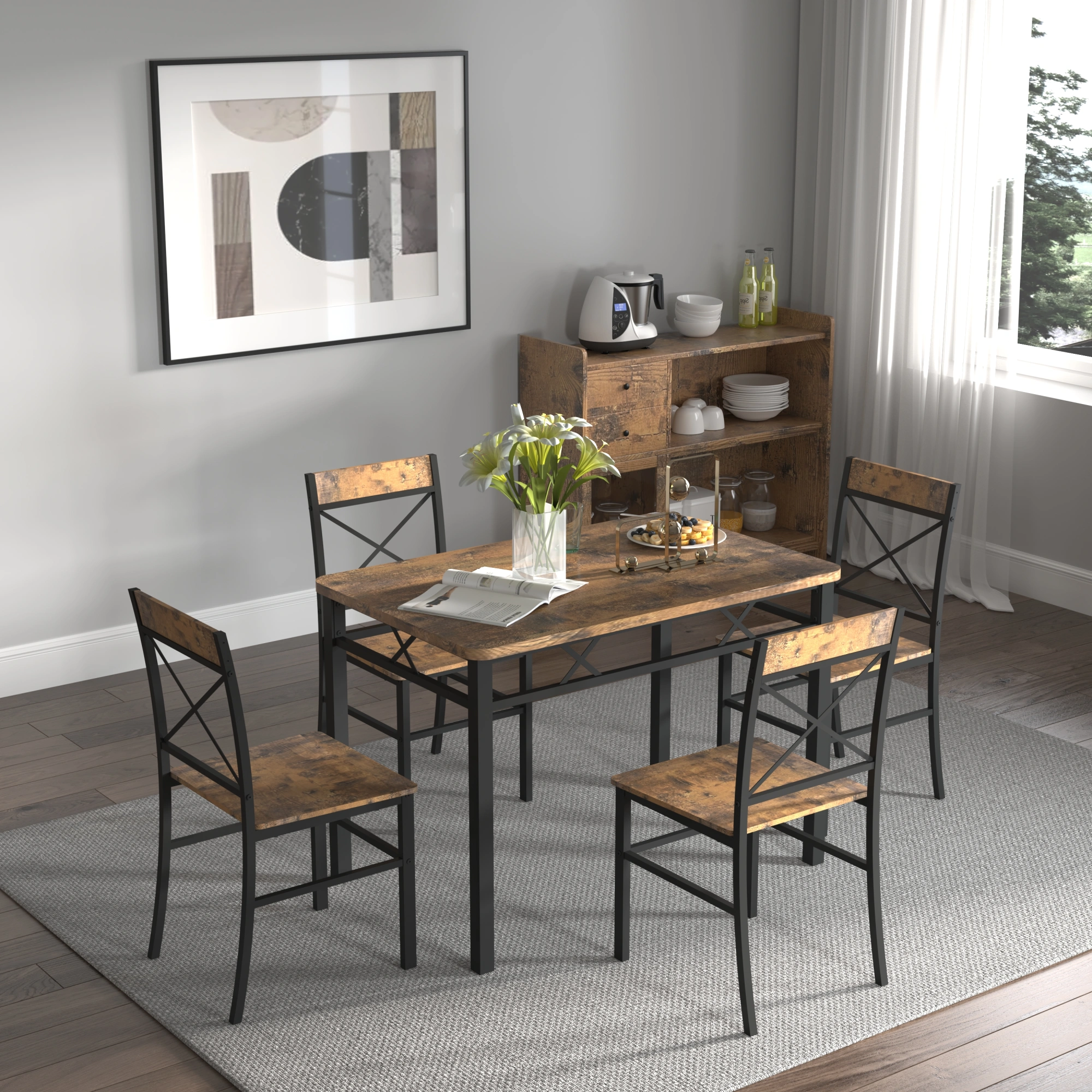 4 Piece Dining Table Set for 4, Solid Wood Kitchen Table and Chairs, Compact Dining Room Set with Chairs for Small Spaces, Rustic Brown