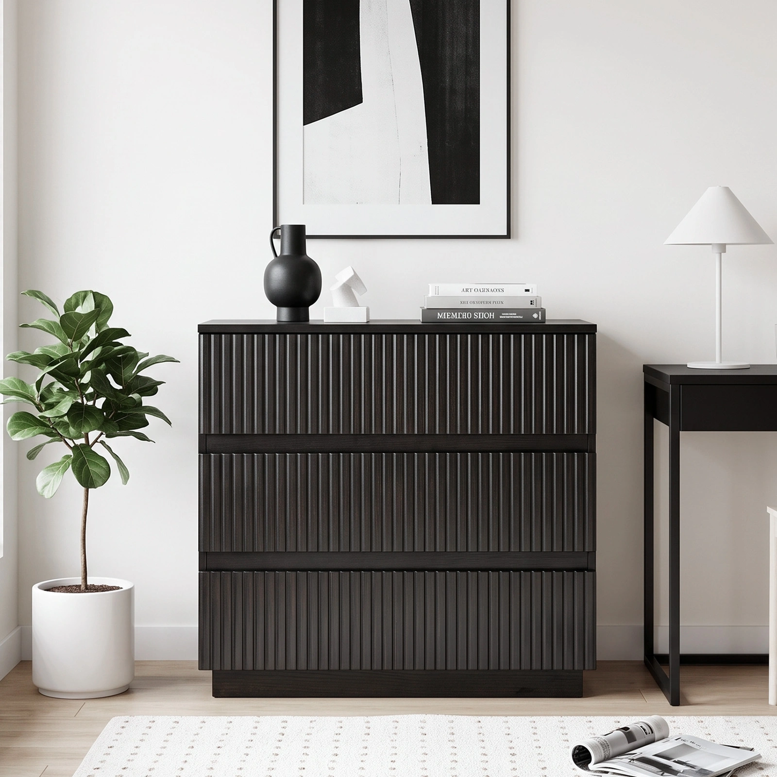 3-Drawer Bedside Table, Handleless Grille-Finished Nightstand, P2 Particleboard MDF Melamine Veneer, 23.62x12.99x22.05 Inch, Black