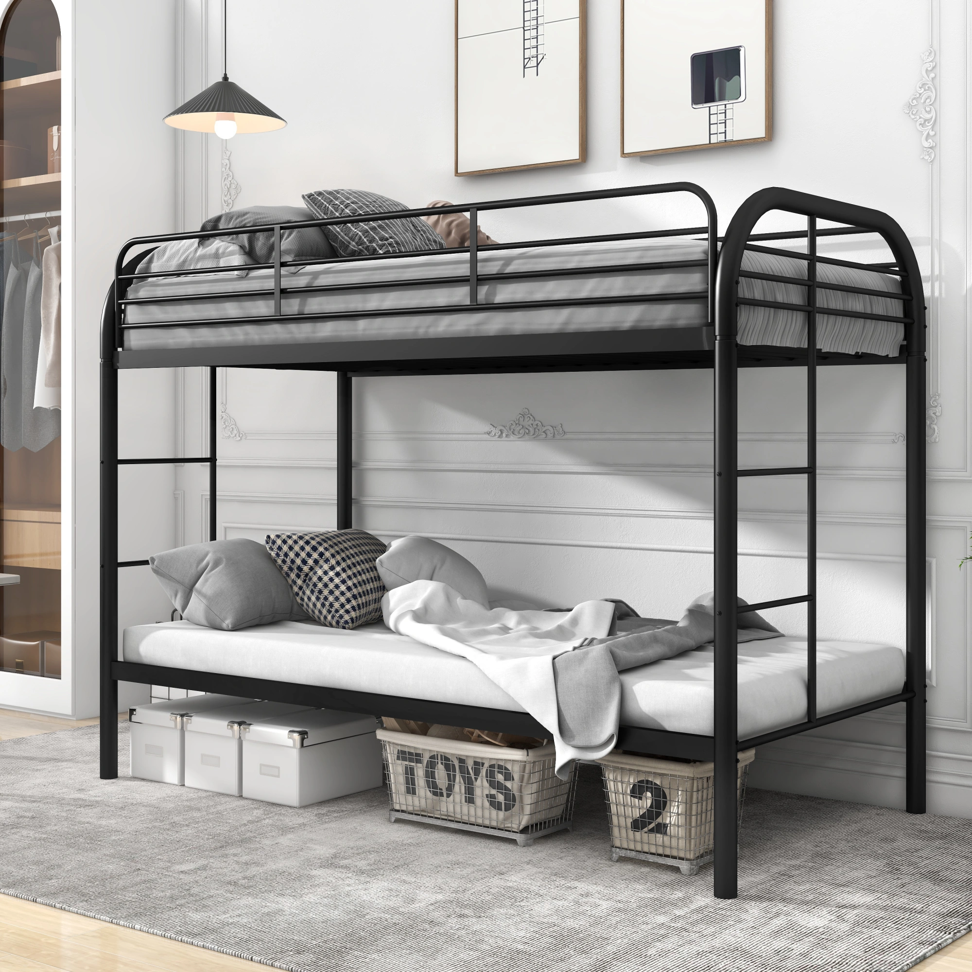 Twin Over Twin House Bed Frame with Stairs, Kids Loft Bed with Built-in Storage