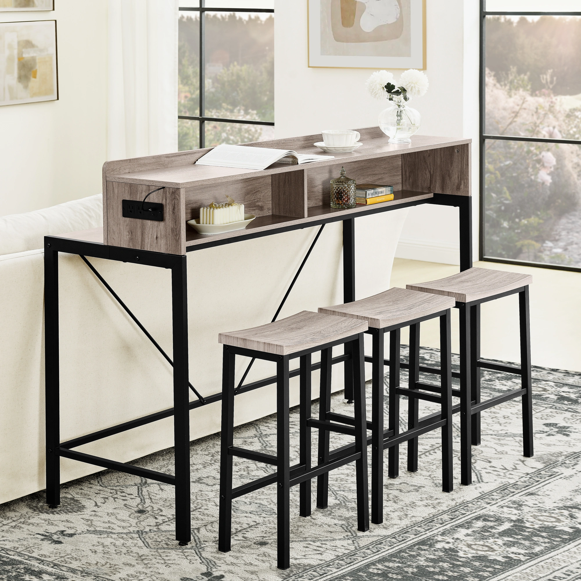 59 Inch Bar Table Set with Power Outlet & LED Light, 3 Saddle Stools, 4-Piece Dining Sofa Table with Charging Station for Living Room Kitchen