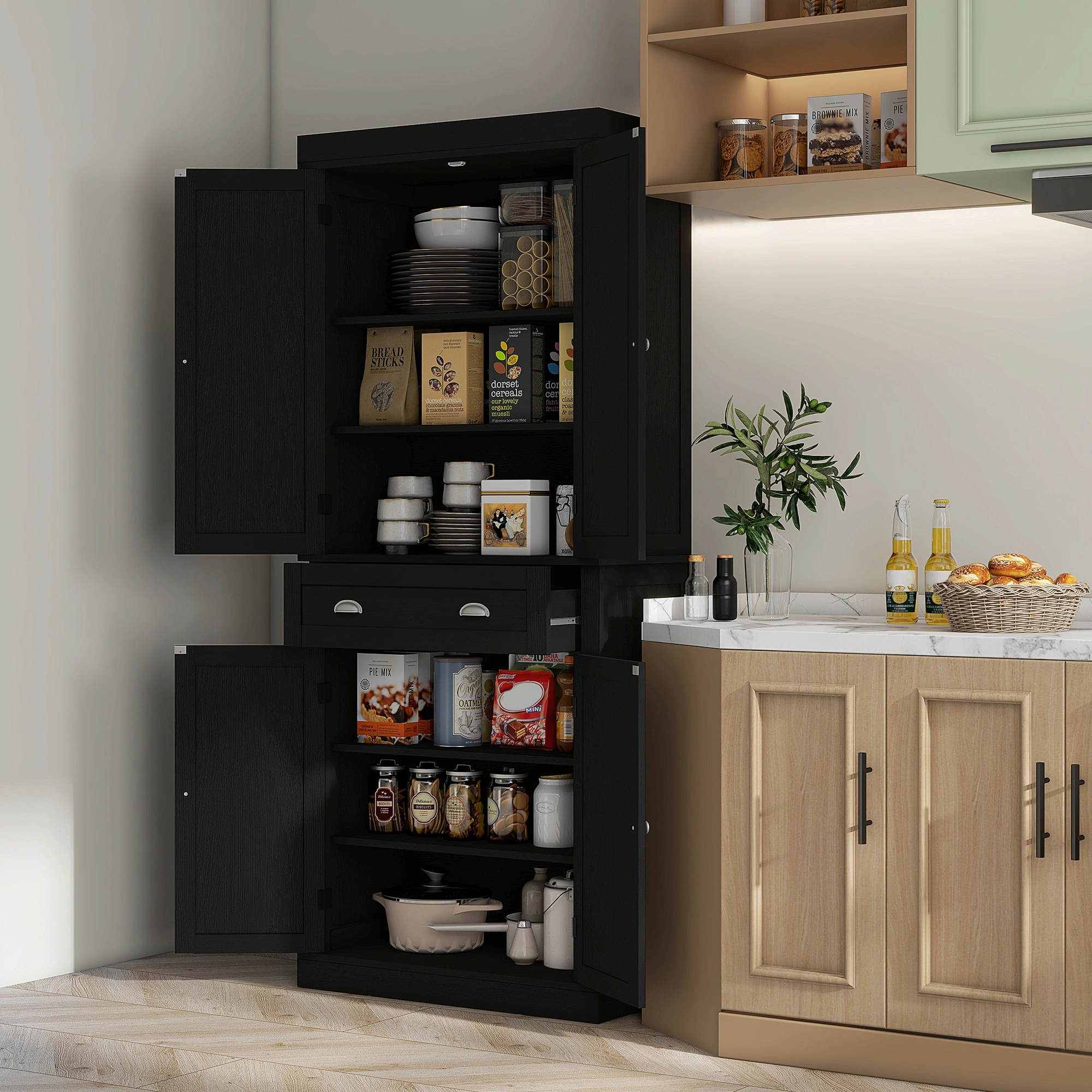 Kitchen Storage Cabinet with Doors & Shelves - Freestanding Pantry Organizer for Kitchen, Bathroom, Mudroom (White/Multi-Color)