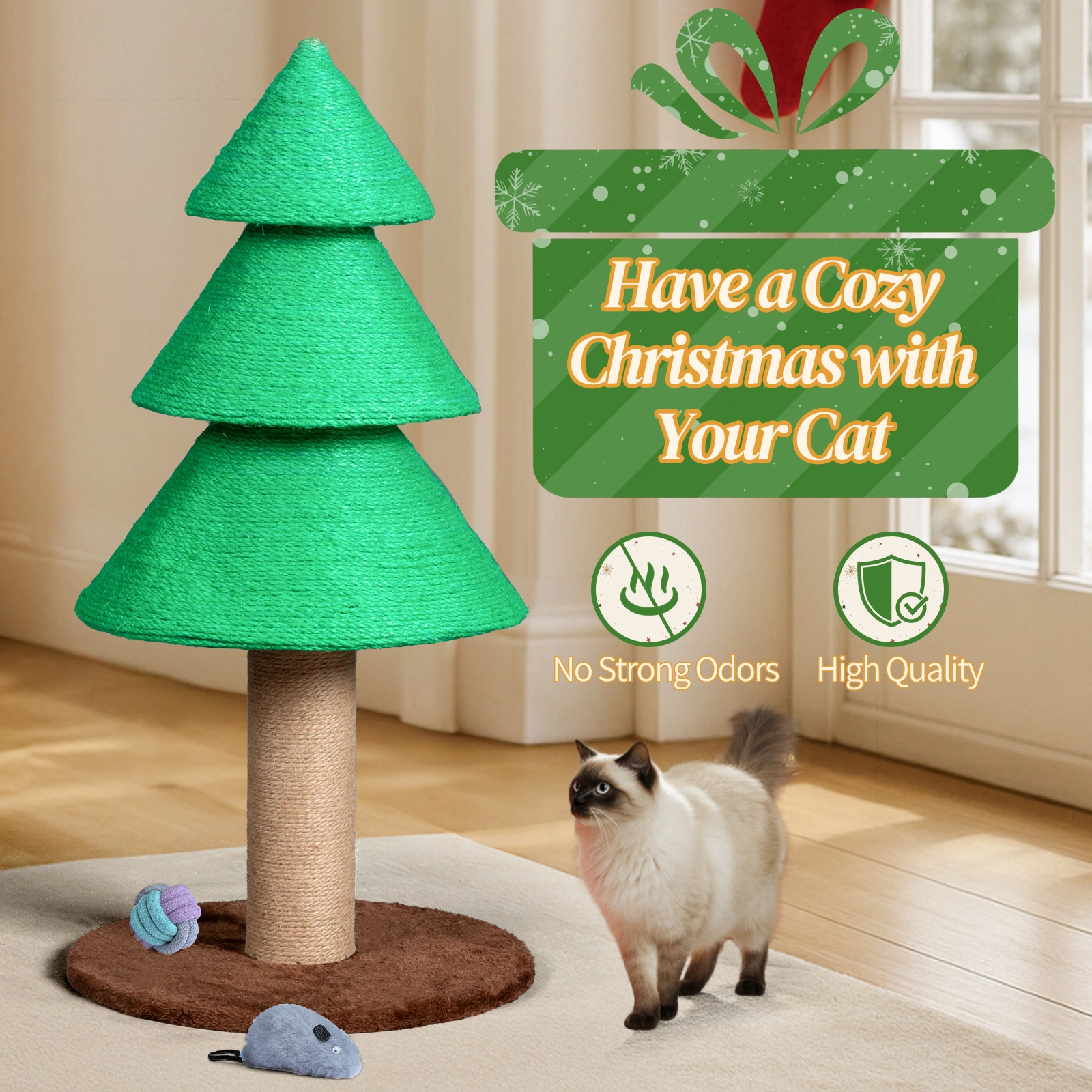 31.5 Inch Christmas Tree Cat Scratcher, Large Sisal Cat Scratch Tower for Indoor Cats, Green view 2