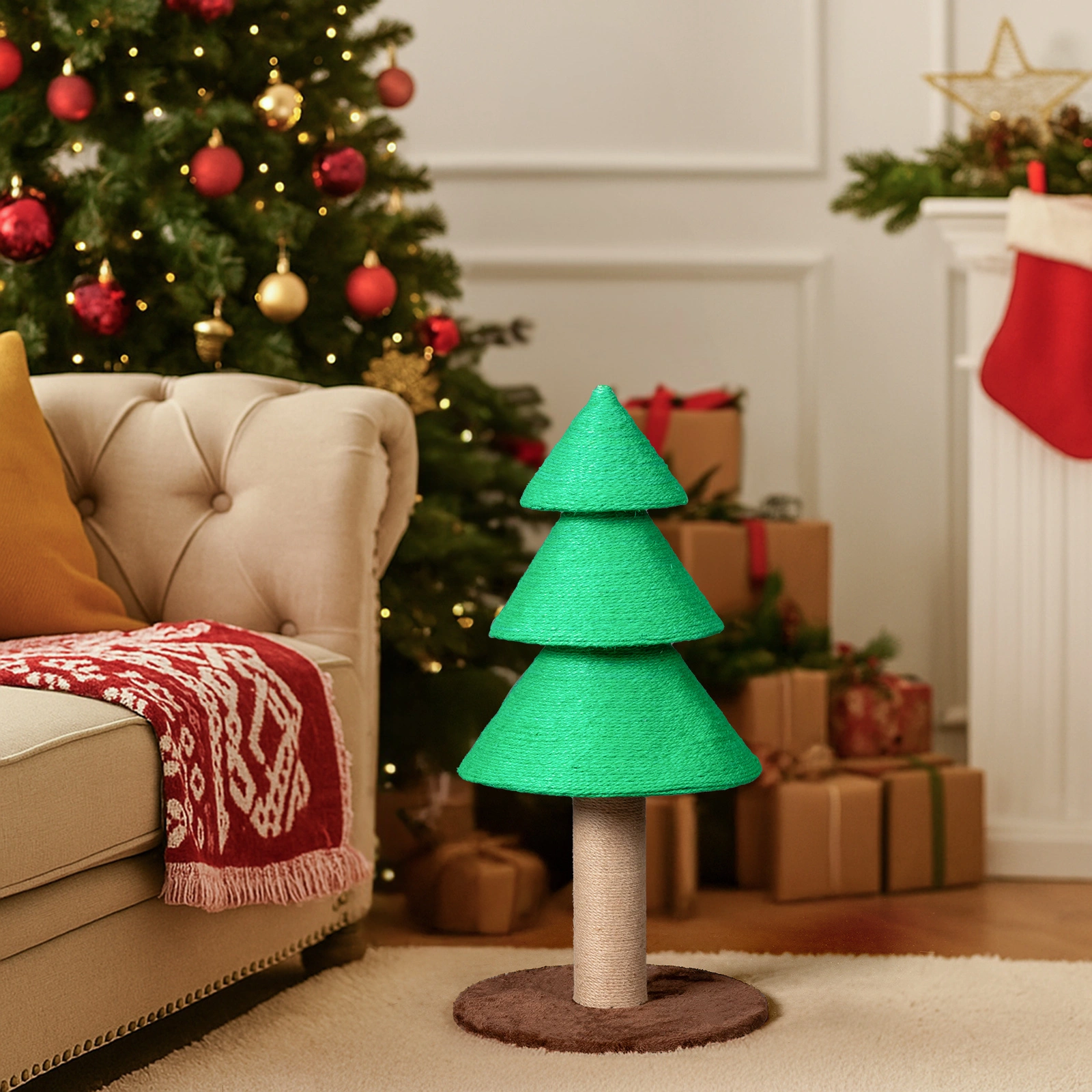 31.5 Inch Christmas Tree Cat Scratcher, Large Sisal Cat Scratch Tower for Indoor Cats, Green view 6