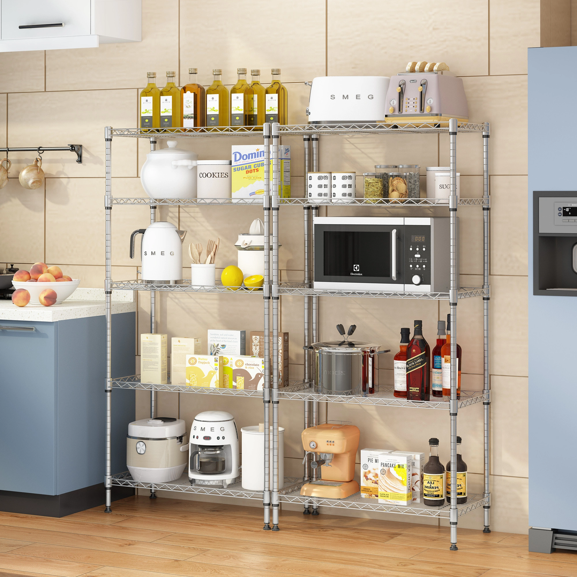 XM-304B 5-Tier Storage Rack, Carbon Steel Metal Shelving Unit, Rectangle Assembled Design, Silver Gray Finish