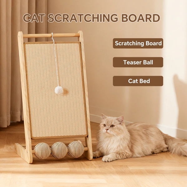 L-Shaped Sisal Cat Scratching Board with Hanging Ball, Multi-Level Feline Play Tower for Scratching & Pouncing