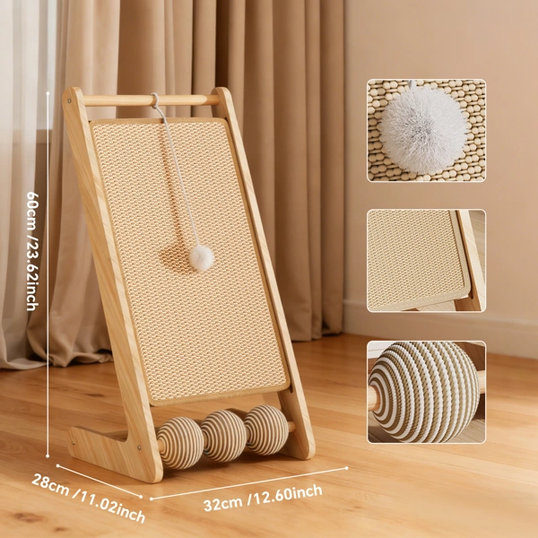 L-Shaped Sisal Cat Scratching Board with Hanging Ball, Multi-Level Feline Play Tower for Scratching & Pouncing view 6