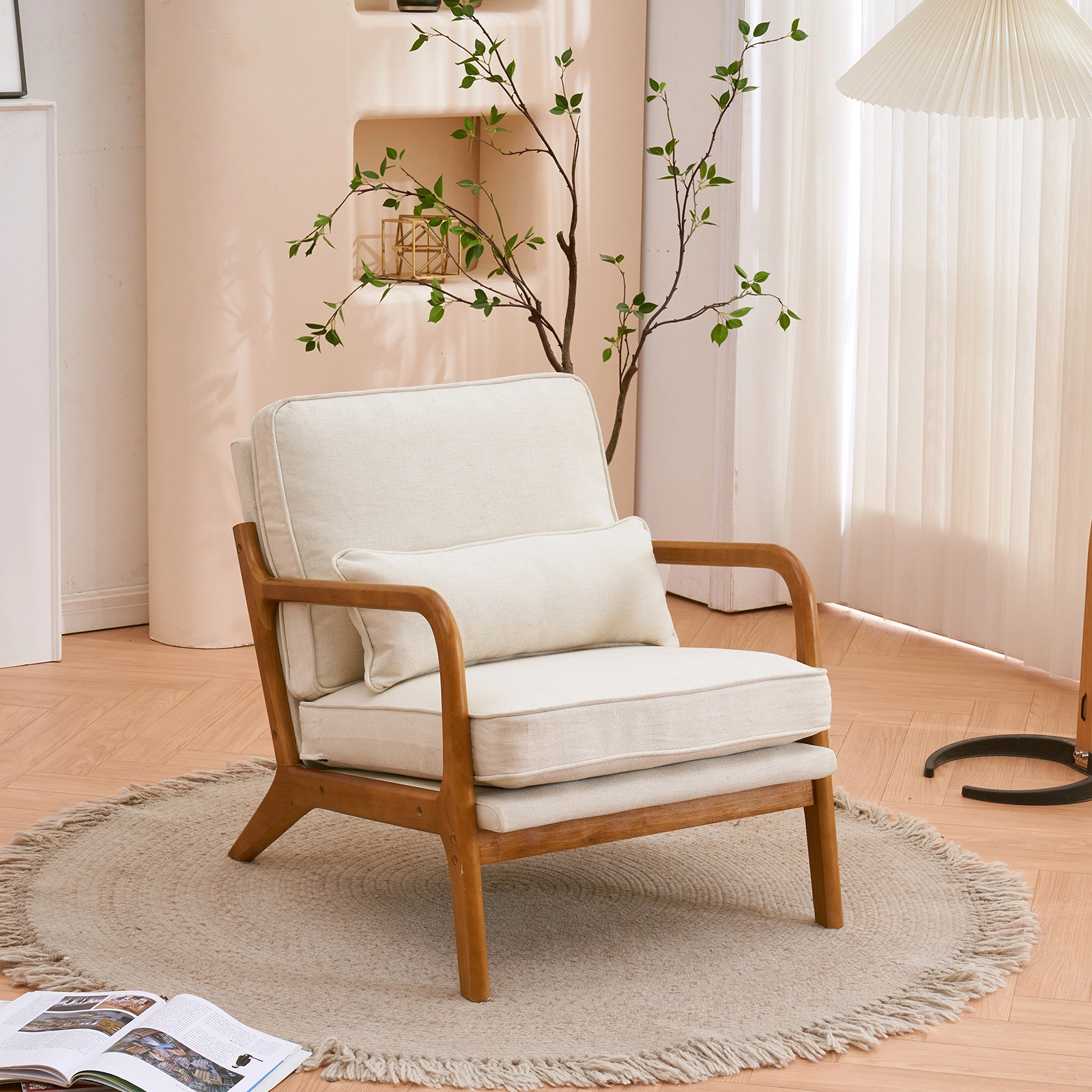 Oak Armrest Single Lounge Chair, Oak Frame with Off-White Upholstery, Indoor Lounge Chair with Comfortable Seating