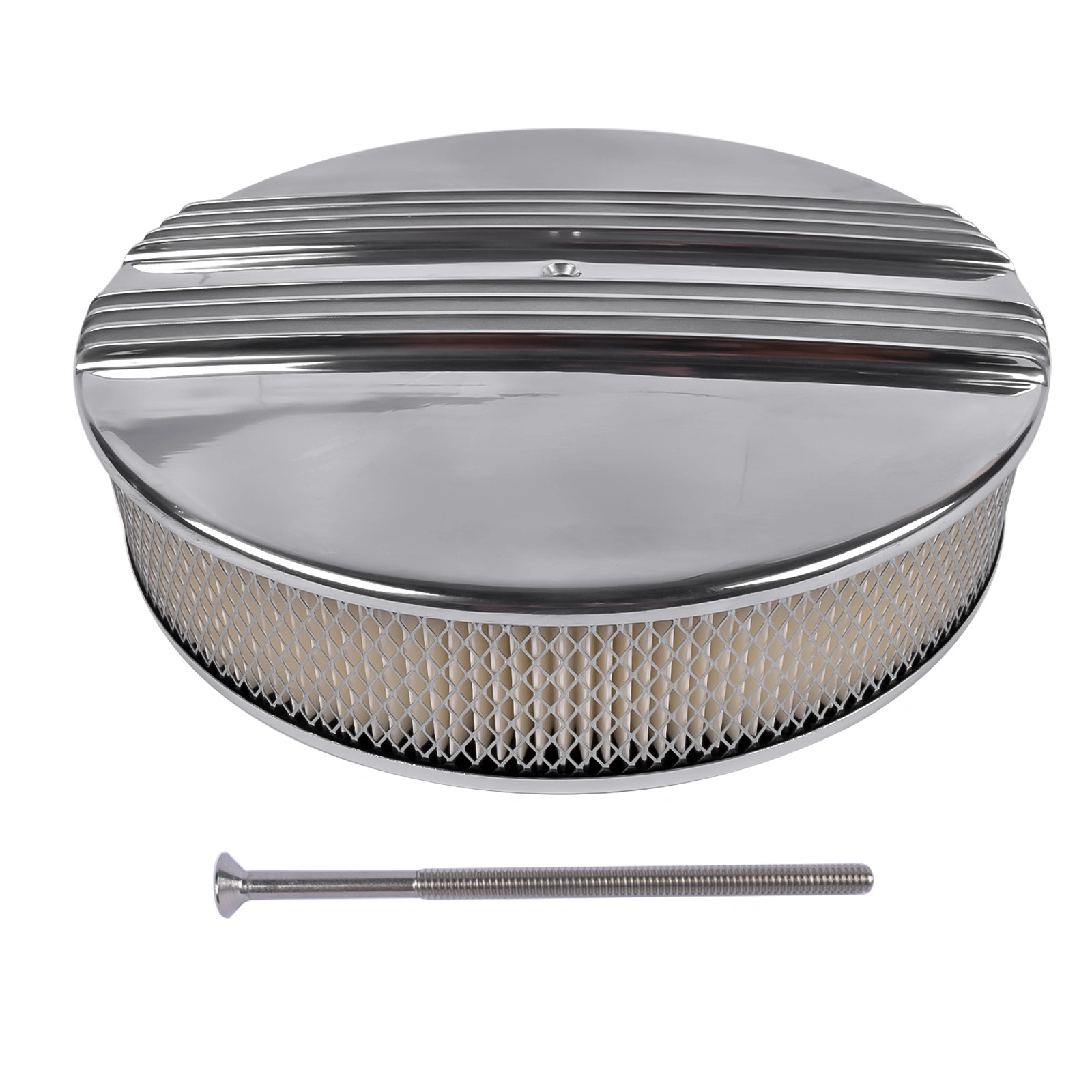 Polished Aluminum Air Cleaner 14" x 3" Half Finned with Recessed Base & Paper Element