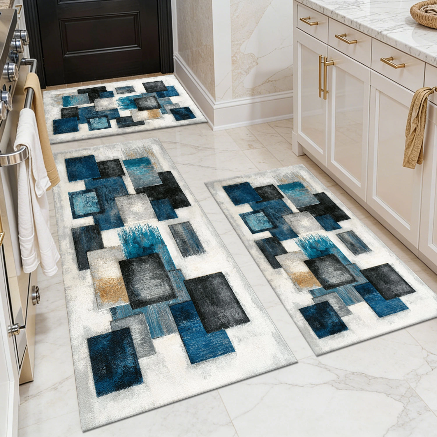 3pc Kitchen Area Rug Set Non Slip Washable Abstract Design Soft Floor Mats for Kitchen Sink Entryway Hallway Bathroom