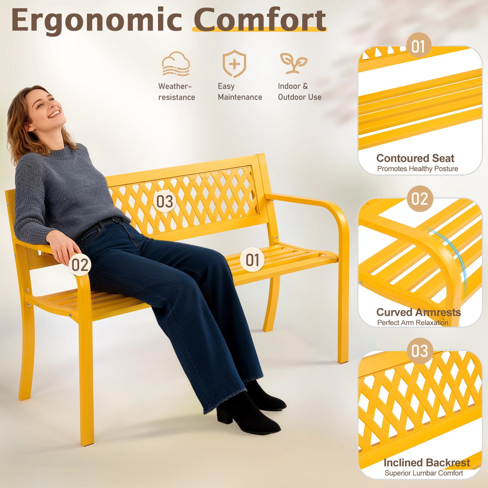 47in PVC Mesh Backrest Iron Bench Yellow view 15
