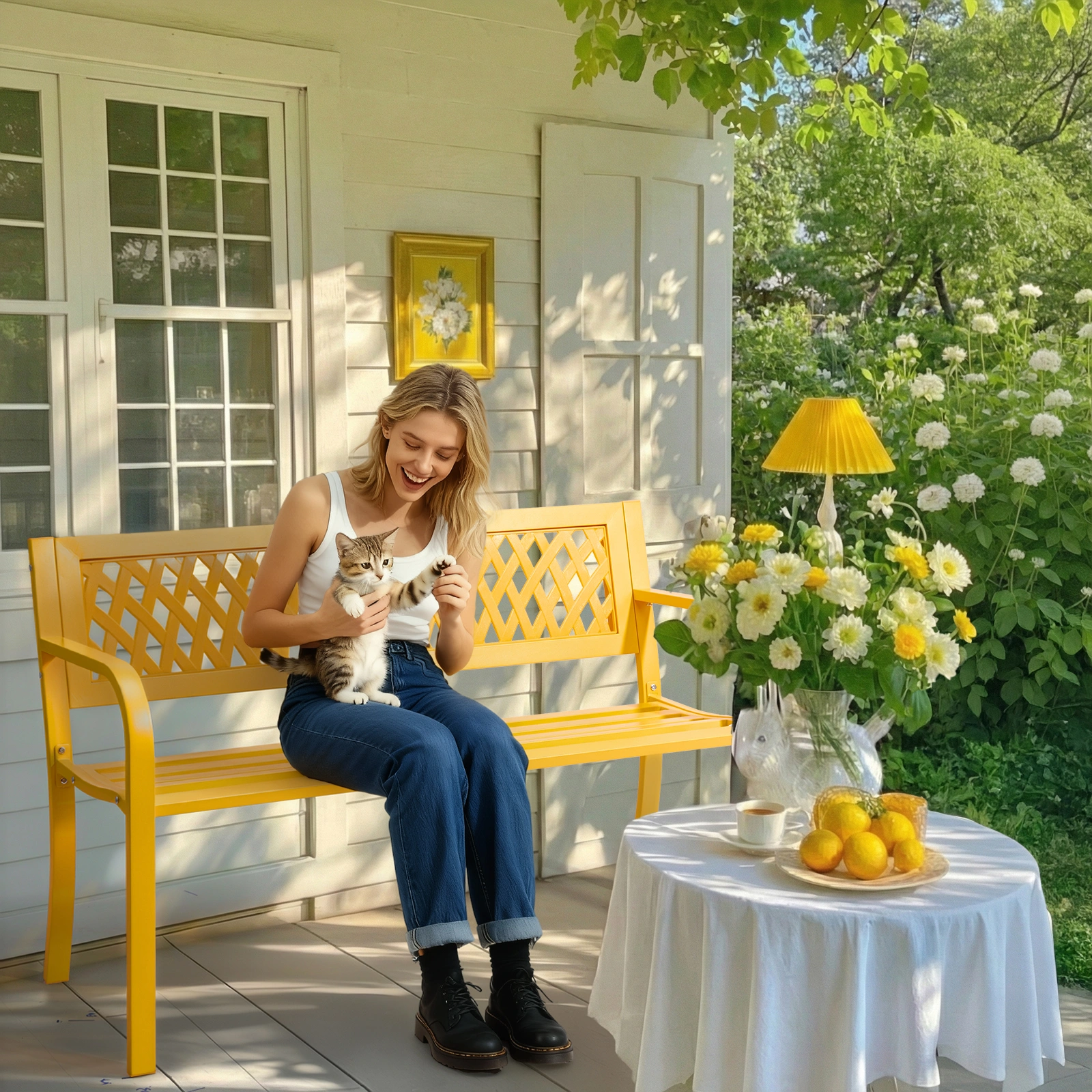 47in PVC Mesh Backrest Iron Bench Yellow view 4