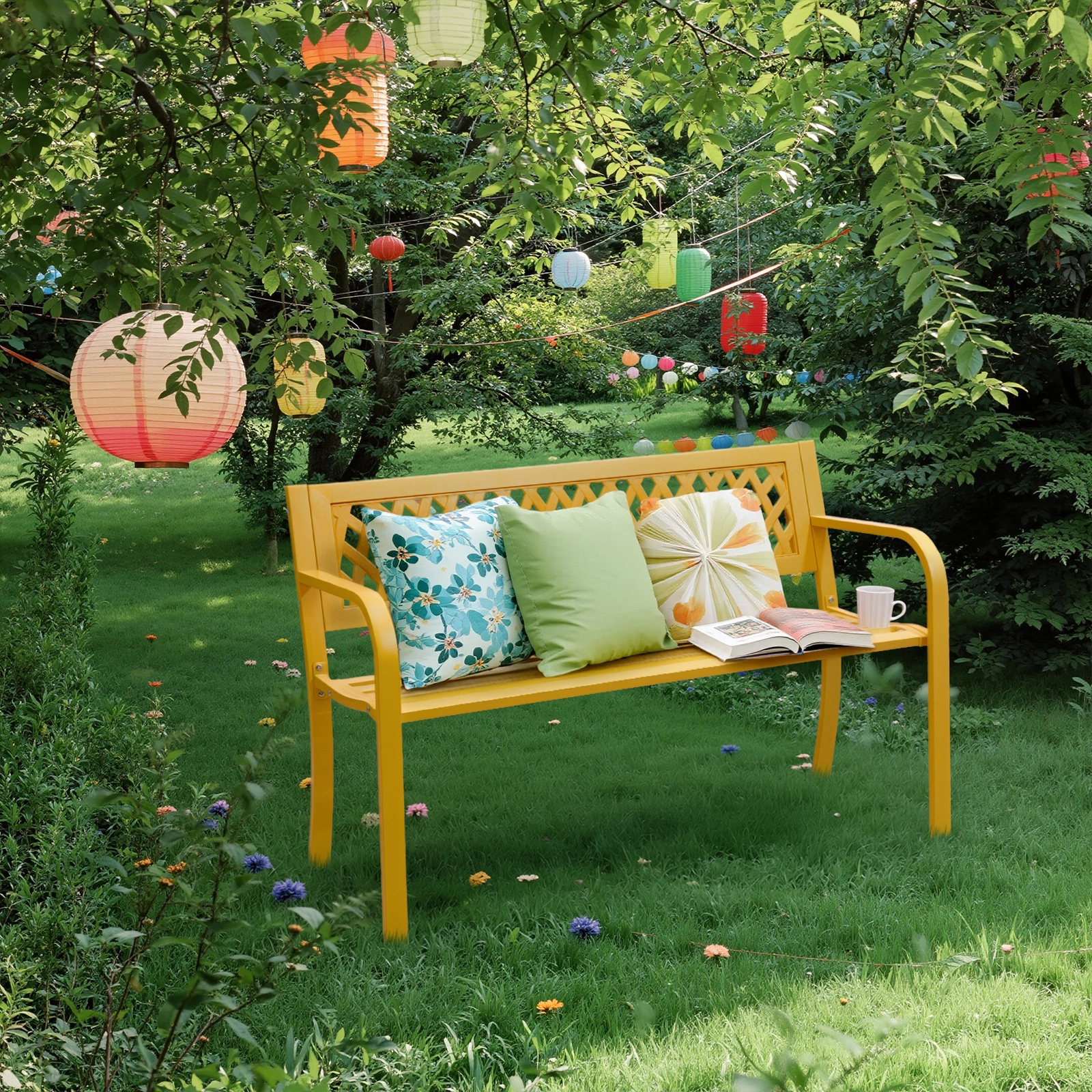 47in PVC Mesh Backrest Iron Bench Yellow view 8