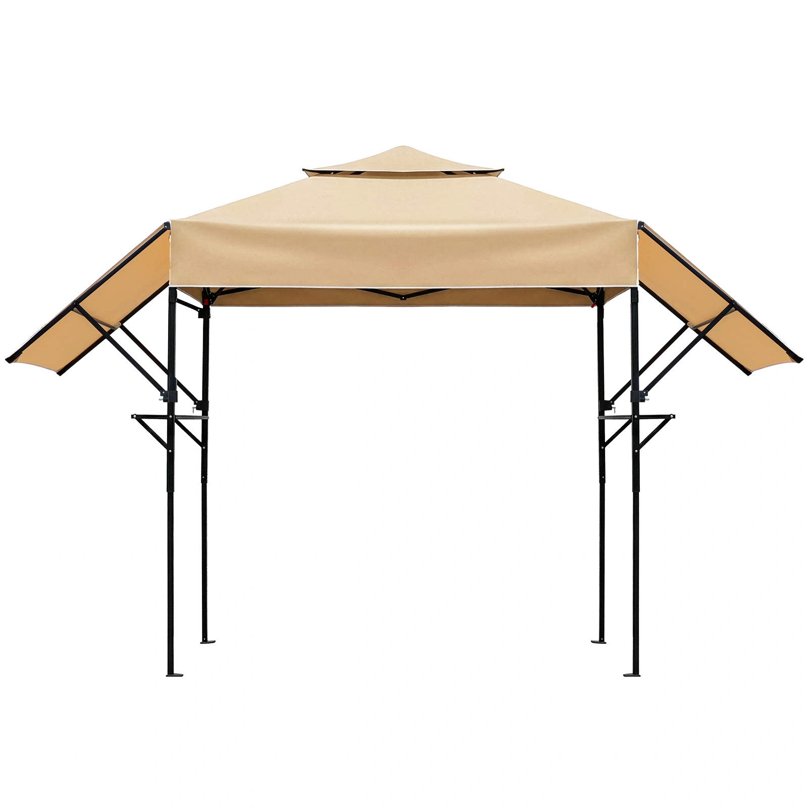 3x12.5FT Double Top Grill Gazebo Khaki Polyester BBQ Canopy Adjustable Sunshades Folding Frame Mesh Trays