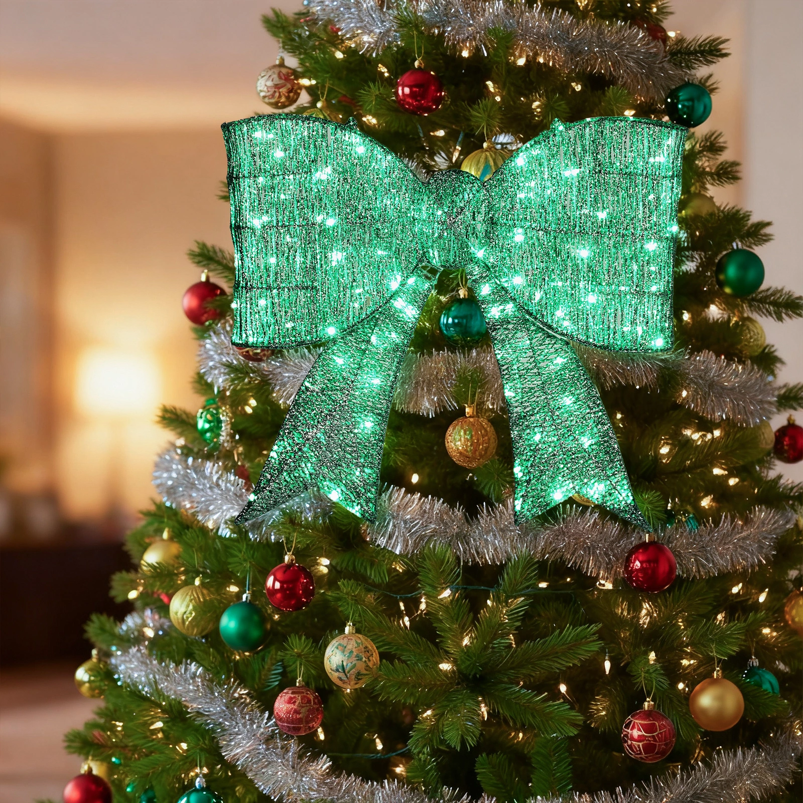 Giant Pre-Lit Green LED Bowknot Christmas Decoration 124 Lights Metal Frame view 12