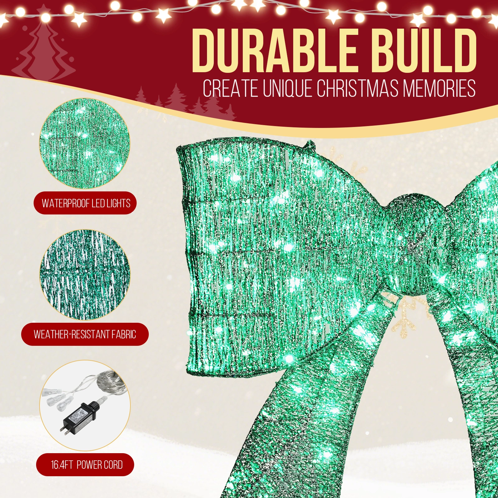 Giant Pre-Lit Green LED Bowknot Christmas Decoration 124 Lights Metal Frame view 7