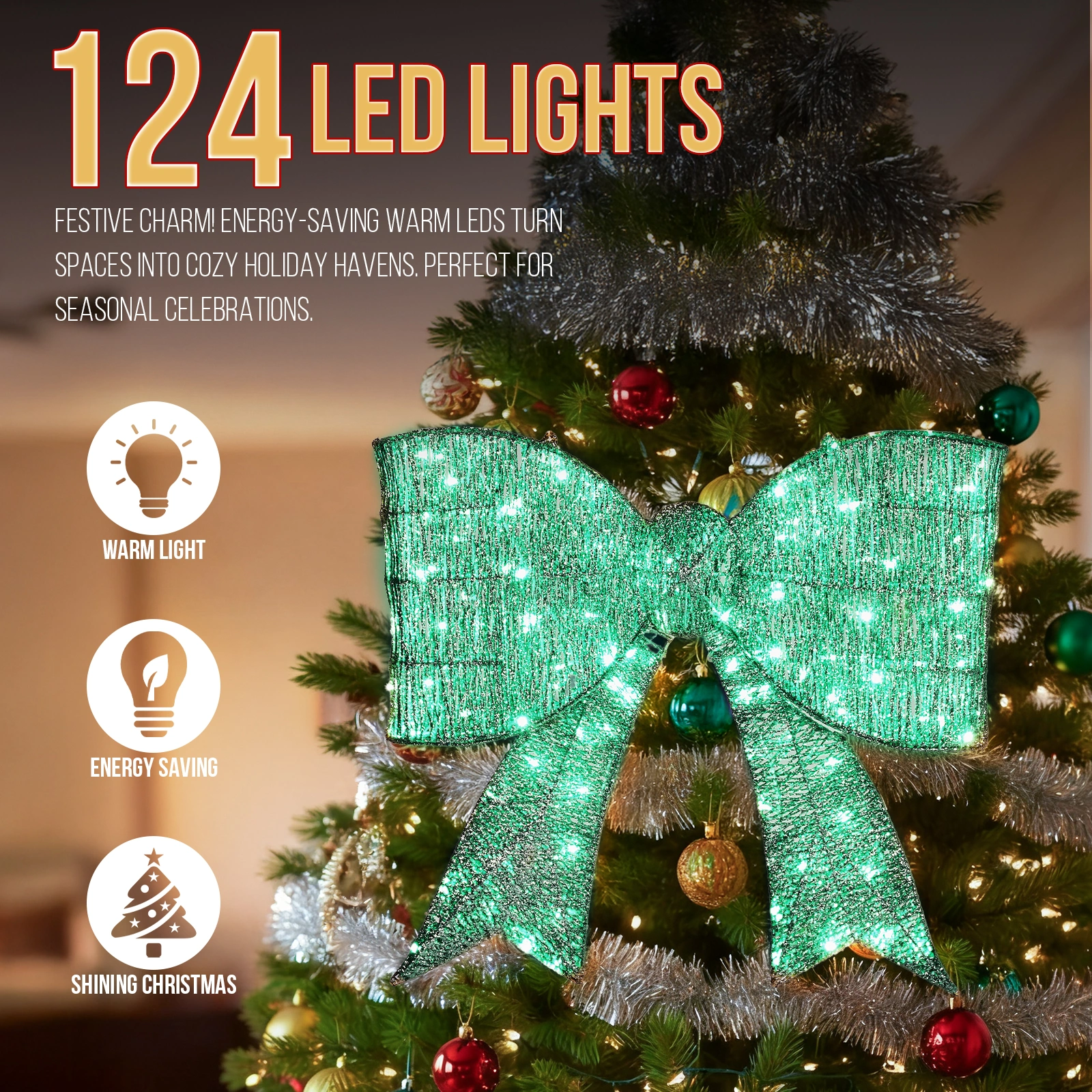 Giant Pre-Lit Green LED Bowknot Christmas Decoration 124 Lights Metal Frame view 8