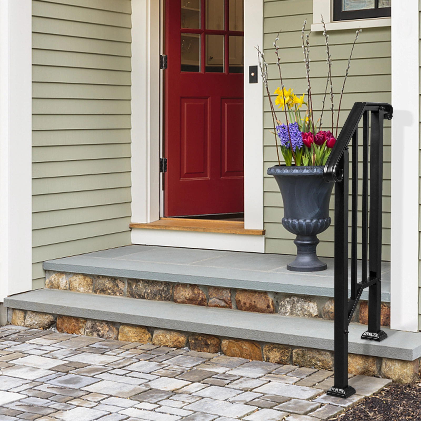 Artisasset Matte Black Outdoor Iron Handrail, 1st Tier Stair Railing, Wrought Steel Balustrade for Deck & Porch view 12
