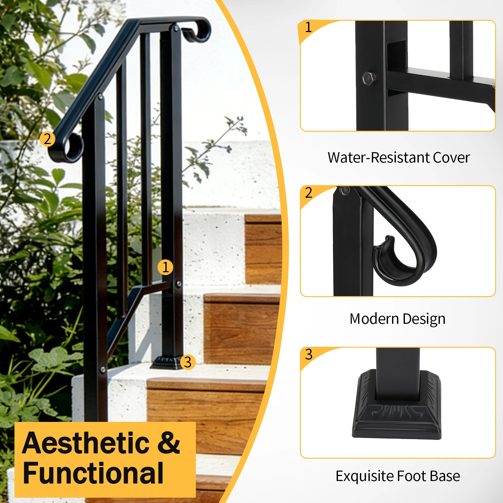 Artisasset Matte Black Outdoor Iron Handrail, 1st Tier Stair Railing, Wrought Steel Balustrade for Deck & Porch view 19