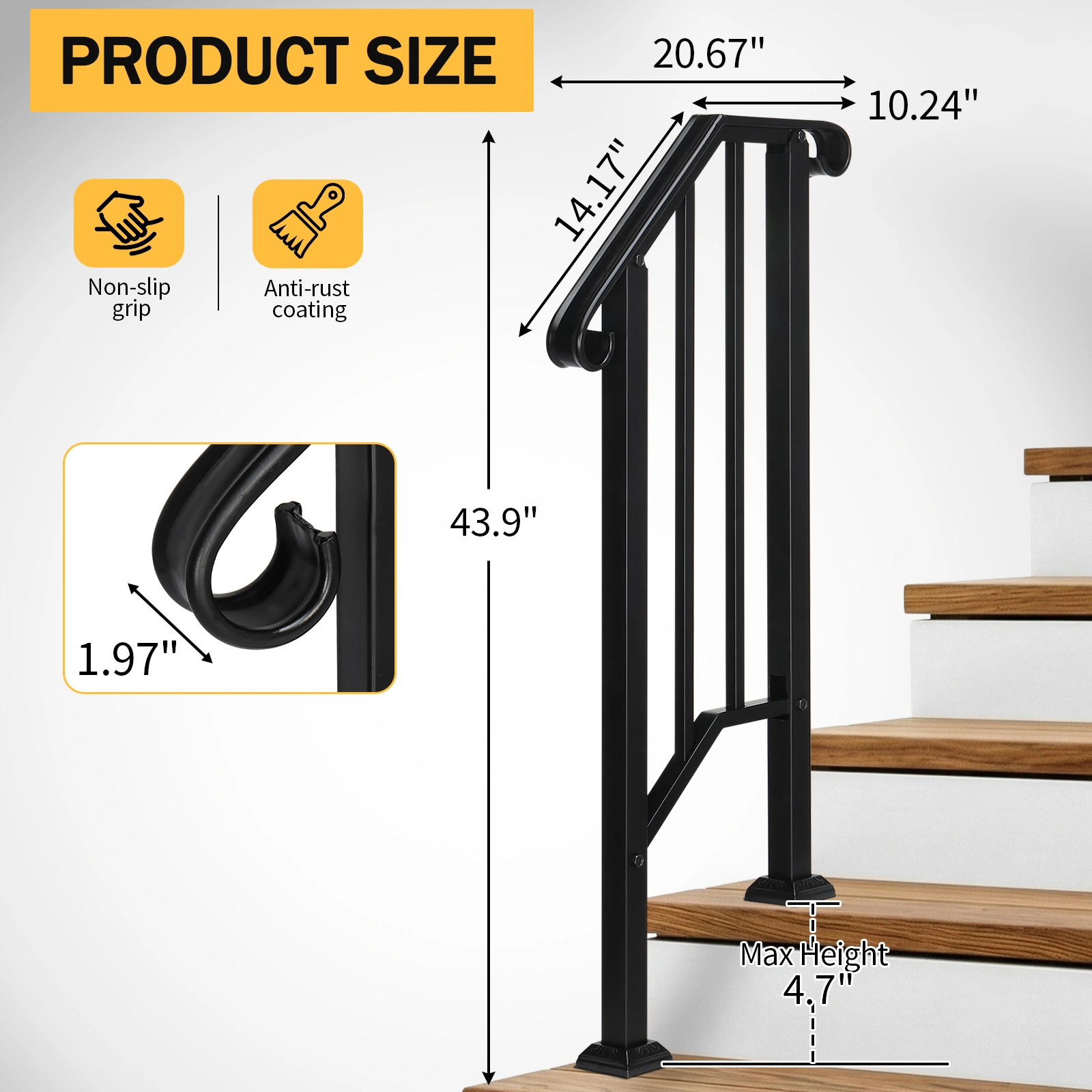 Artisasset Matte Black Outdoor Iron Handrail, 1st Tier Stair Railing, Wrought Steel Balustrade for Deck & Porch view 20