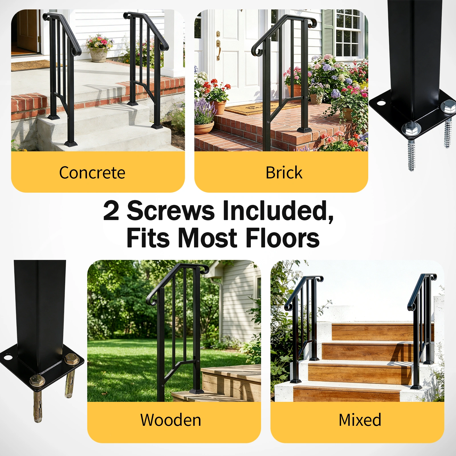 Artisasset Matte Black Outdoor Iron Handrail, 1st Tier Stair Railing, Wrought Steel Balustrade for Deck & Porch view 21
