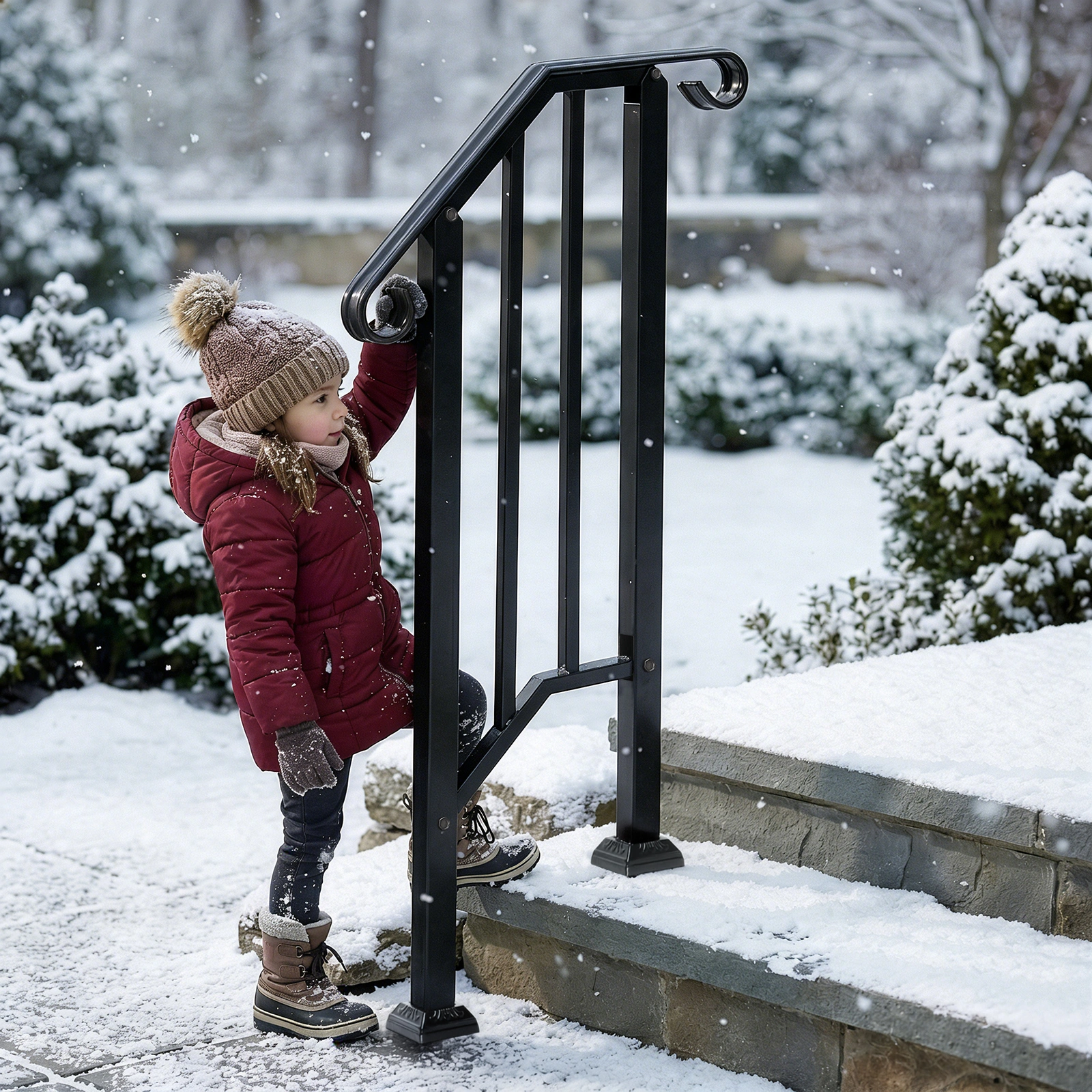 Artisasset Matte Black Outdoor Iron Handrail, 1st Tier Stair Railing, Wrought Steel Balustrade for Deck & Porch view 25