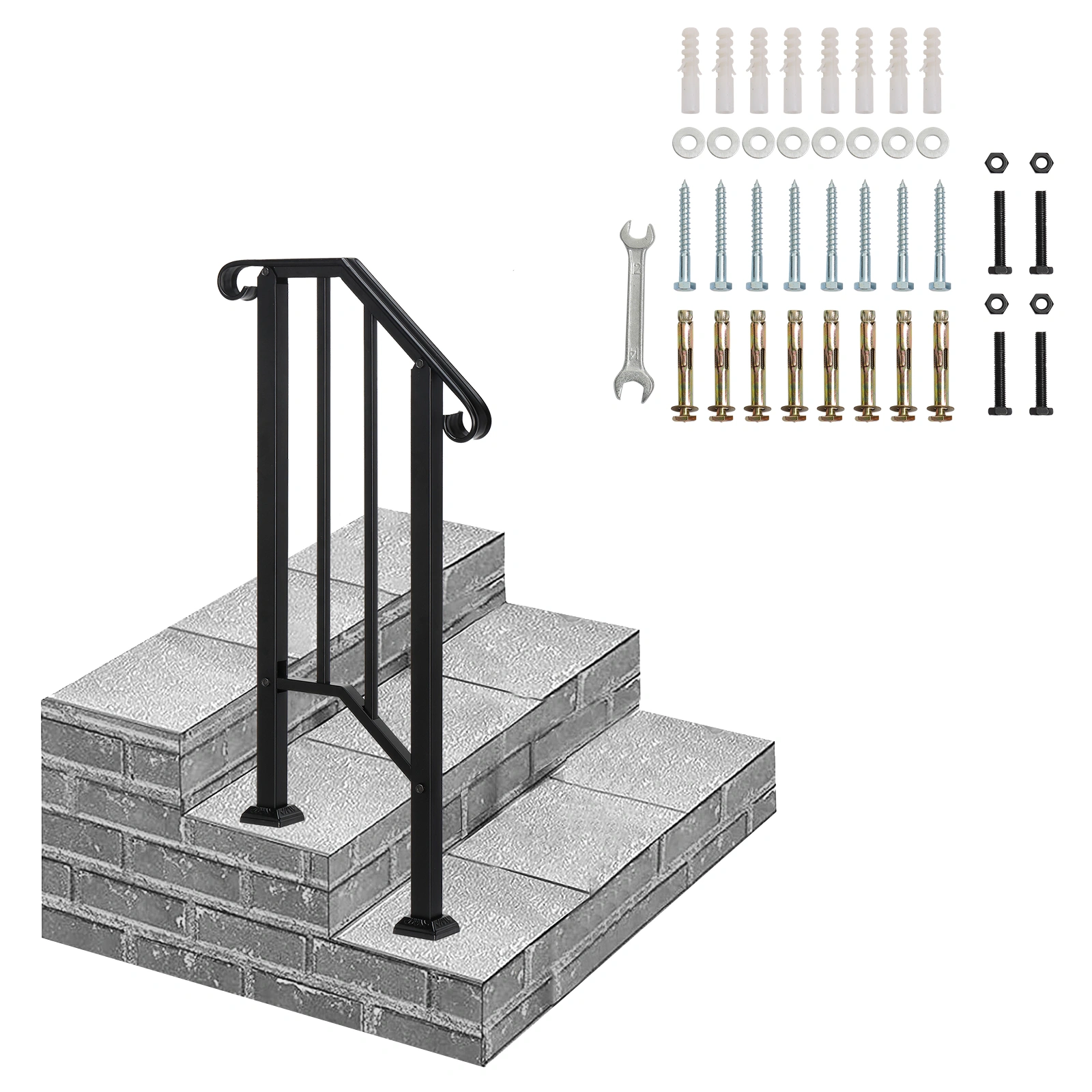 Artisasset Matte Black Outdoor Iron Handrail, 1st Tier Stair Railing, Wrought Steel Balustrade for Deck & Porch view 4