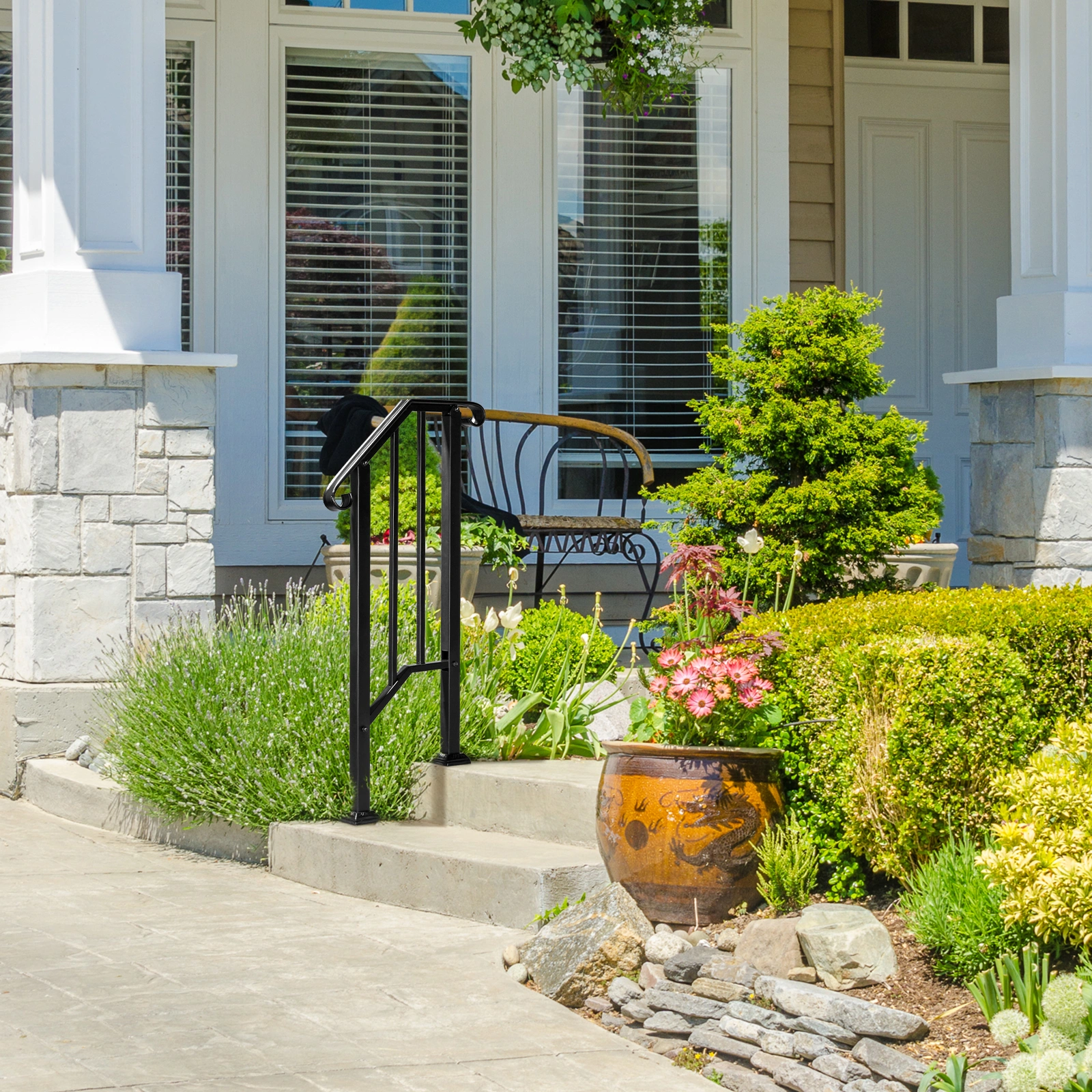 Artisasset Matte Black Outdoor Iron Handrail, 1st Tier Stair Railing, Wrought Steel Balustrade for Deck & Porch view 9