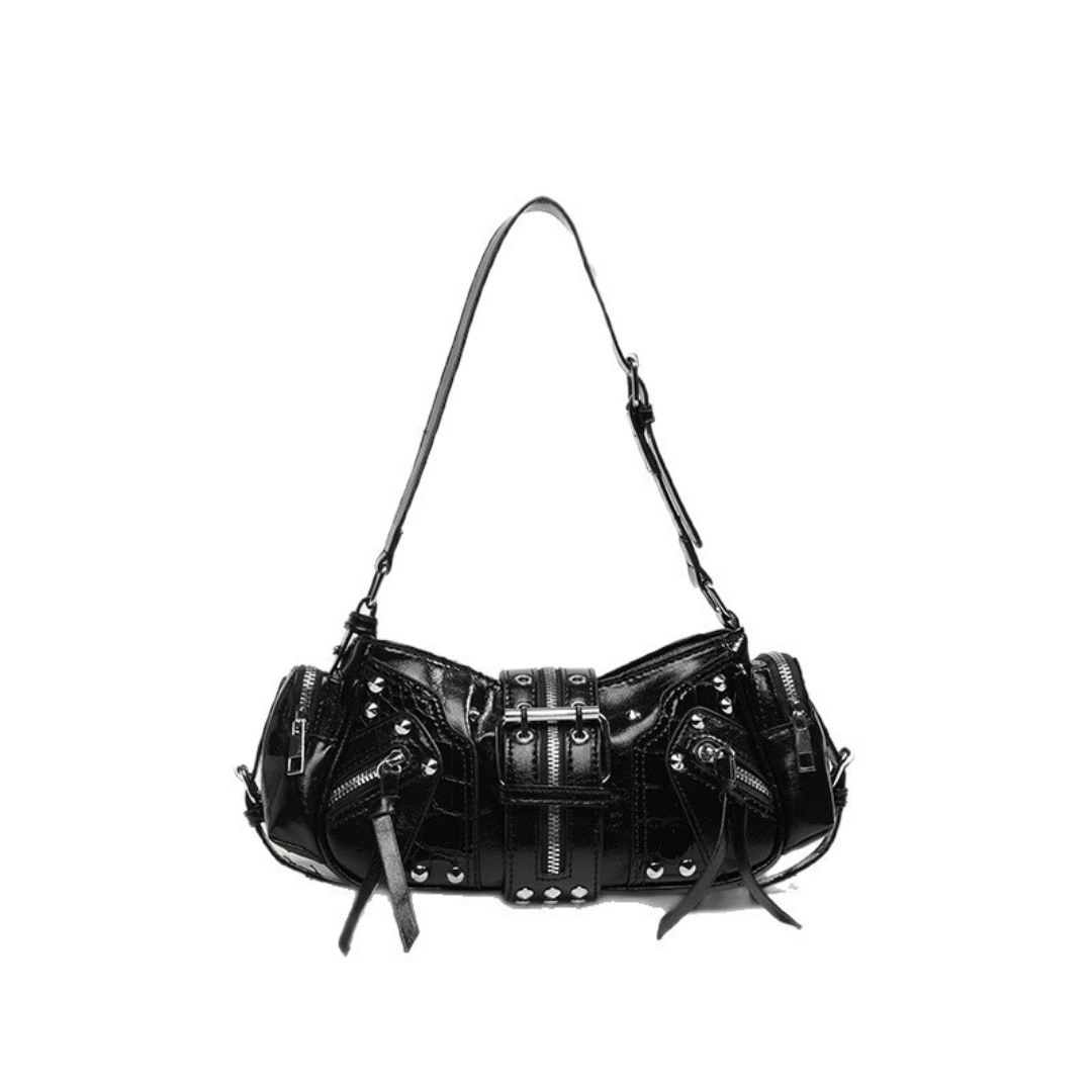 Retro Motorcycle Cylindrical Crossbody Bag, Shiny Leather Mini Shoulder Bag, Multi-Zipper Rivet Gothic Street Style Handbag