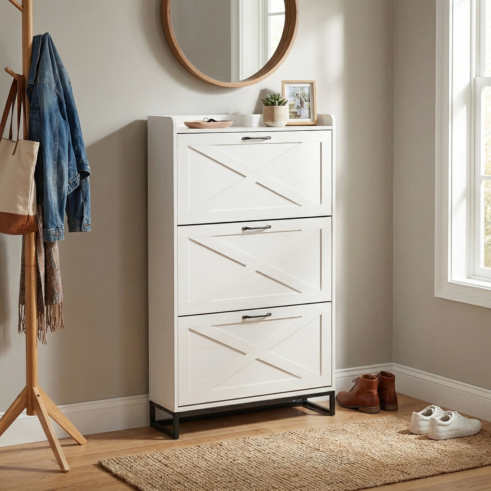 3-Drawer Shoe Cabinet with Barn Doors & Top, Particleboard Storage Organizer 80x24x145cm Distressed White