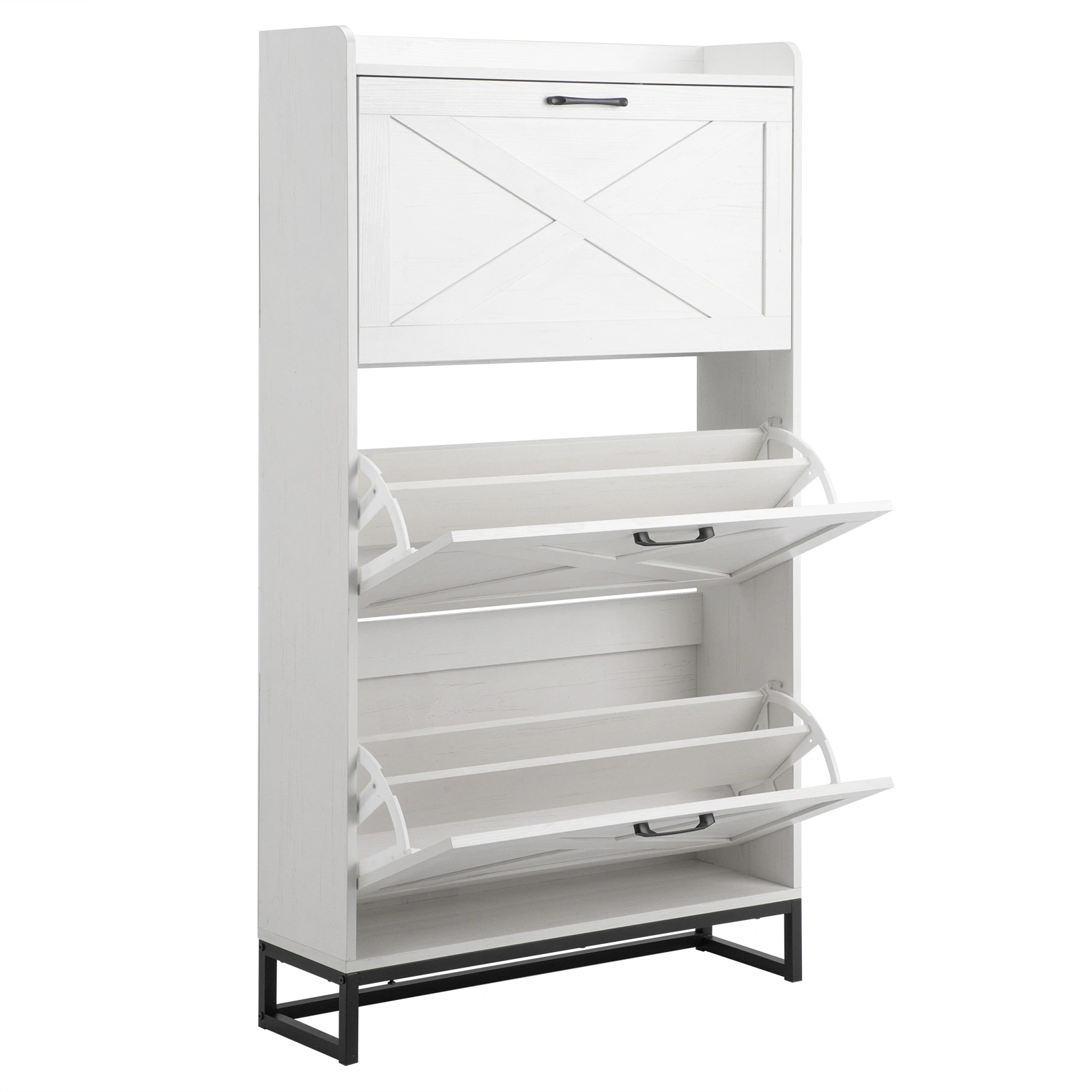 3-Drawer Shoe Cabinet with Barn Doors & Top, Particleboard Storage Organizer 80x24x145cm Distressed White view 3