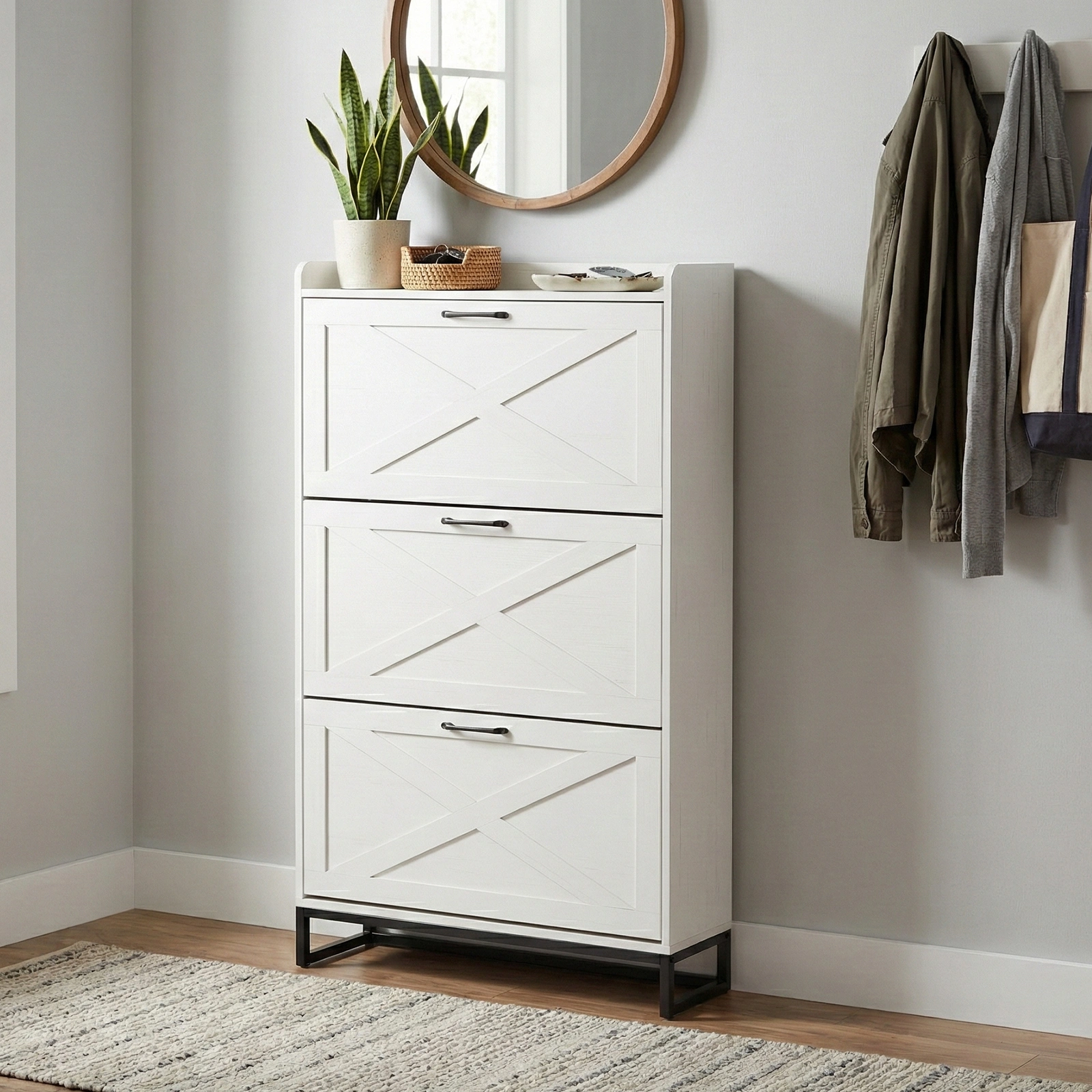 3-Drawer Shoe Cabinet with Barn Doors & Top, Particleboard Storage Organizer 80x24x145cm Distressed White view 5