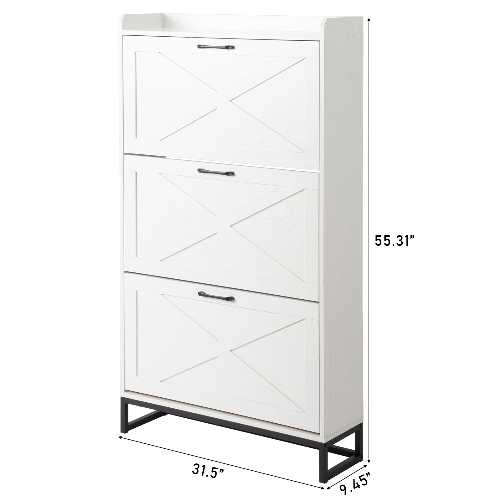 3-Drawer Shoe Cabinet with Barn Doors & Top, Particleboard Storage Organizer 80x24x145cm Distressed White view 6