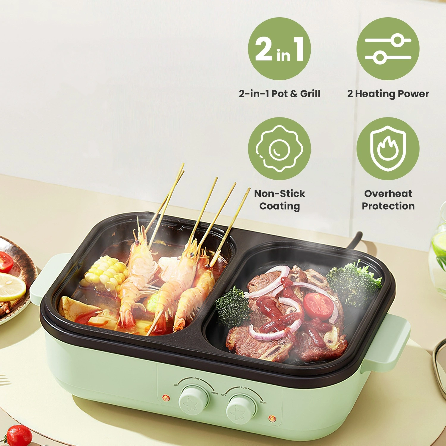 2-in-1 Electric Hot Pot & Grill, Dual Temp Control, Non-Stick Die-Cast Aluminum, Overheat Protection, 33.82oz Hot Pot & 6.76oz Grill, Portable for 1-2, Indoor BBQ