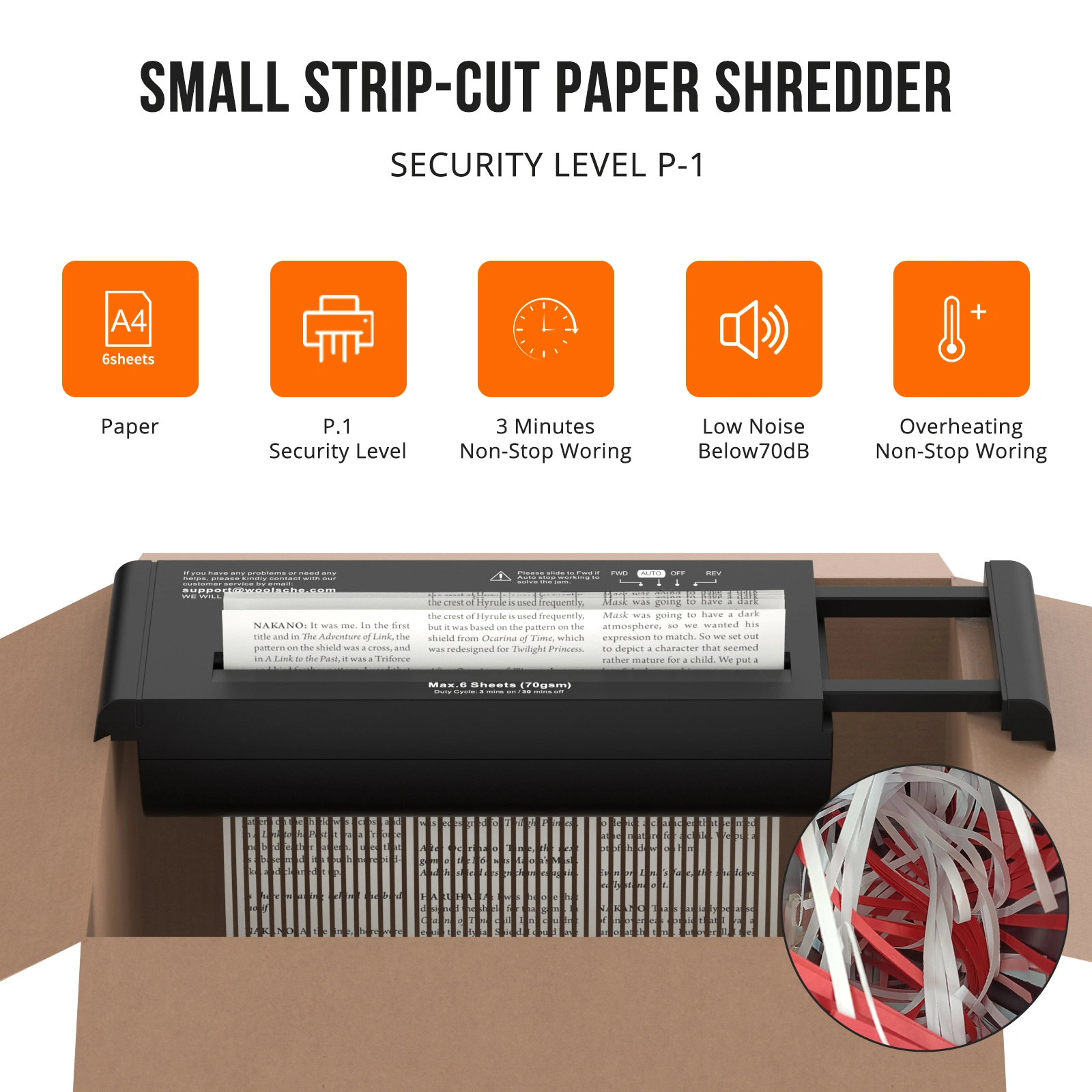 6-Sheet Strip Cut Paper Shredder, Portable Mini Shredder Extendable Arm Overheat Protection for Home Office Use view 2