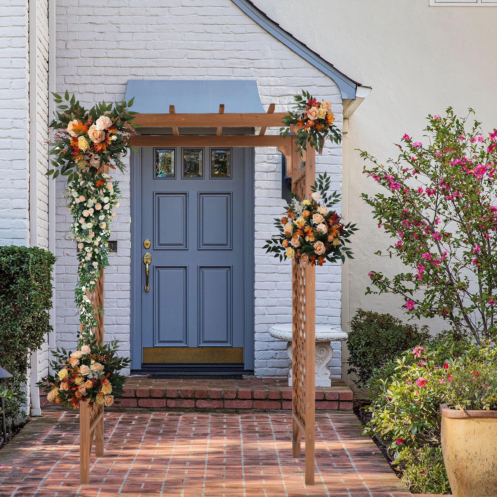 152x60x215cm Flat-Topped Wooden Garden Arch, Dark Brown Outdoor Archway for Yard Landscape, Decorative Walk-Thru Arch view 14