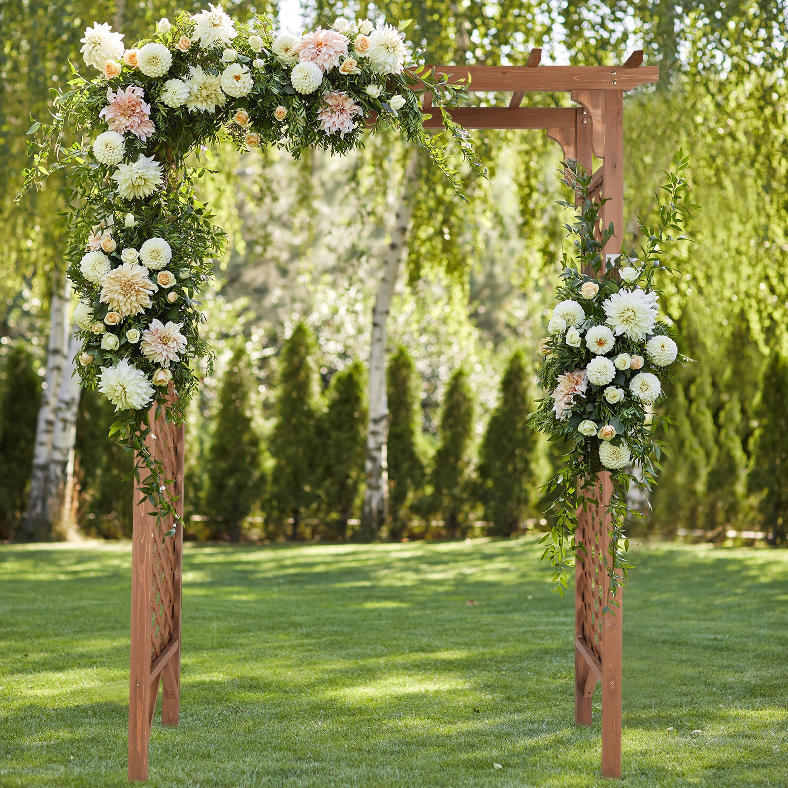152x60x215cm Flat-Topped Wooden Garden Arch, Dark Brown Outdoor Archway for Yard Landscape, Decorative Walk-Thru Arch view 16