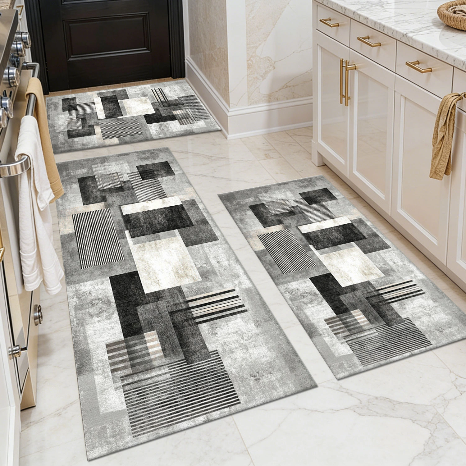 3-Piece Kitchen Floor Mat Set Non Slip Washable Abstract Pattern Soft Rugs for Sink Entryway Hallway Bathroom 3pc