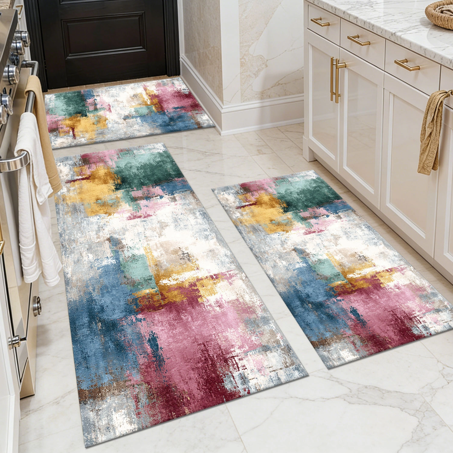 3-Piece Non-Slip Washable Kitchen Rug Set, Abstract Pattern Soft Floor Mats for Sink Entryway Hallway Bathroom