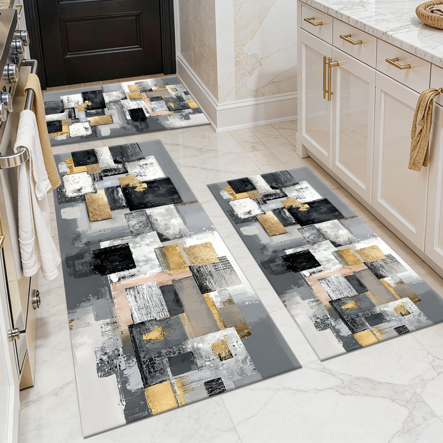 3pcs Kitchen Rug Set Non Slip Washable Abstract Pattern Floor Mat Soft Comfortable for Sink Hallway Entrance Bathroom