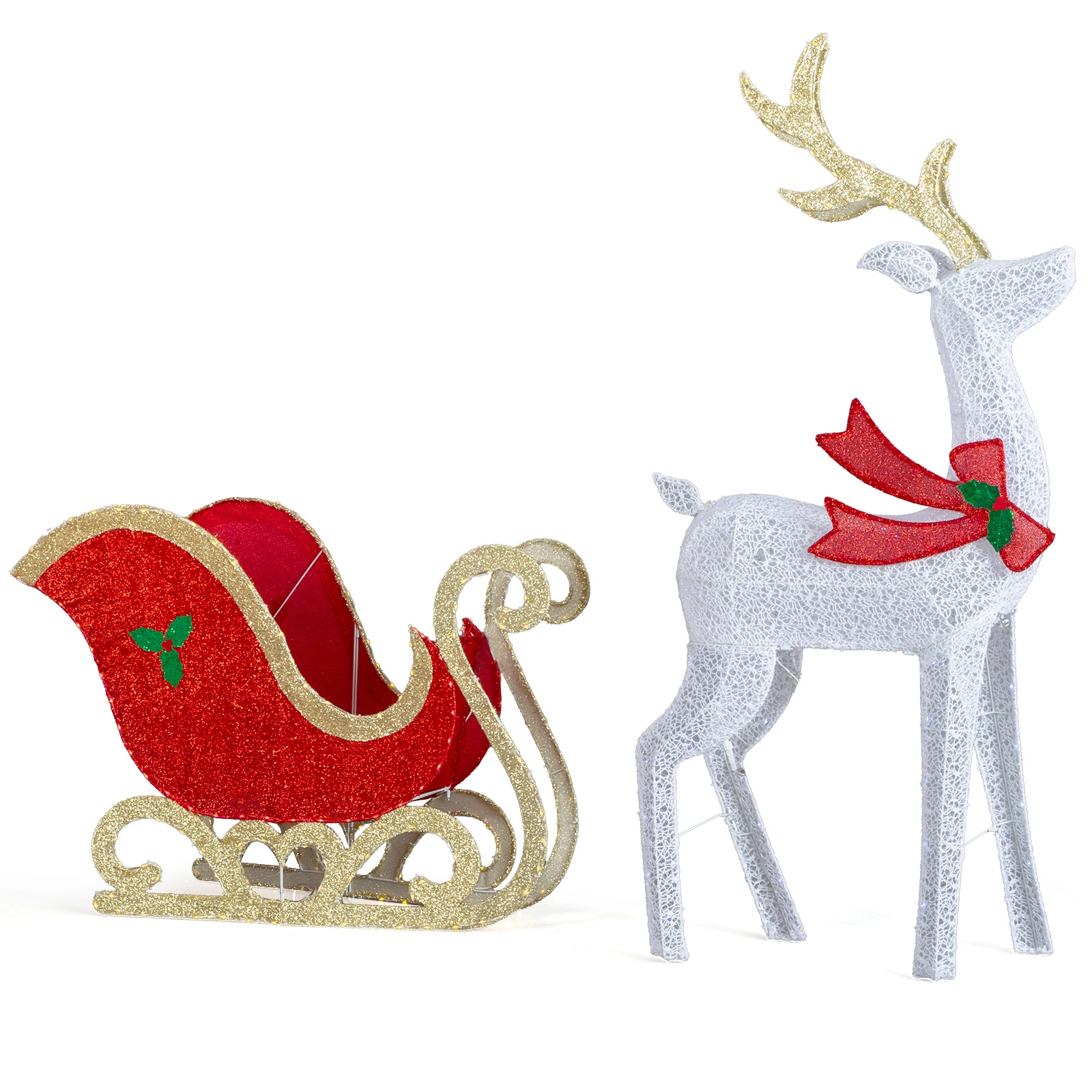 5ft Lighted Christmas Reindeer Sleigh Outdoor Yard Decoration Set LED Lights Red White