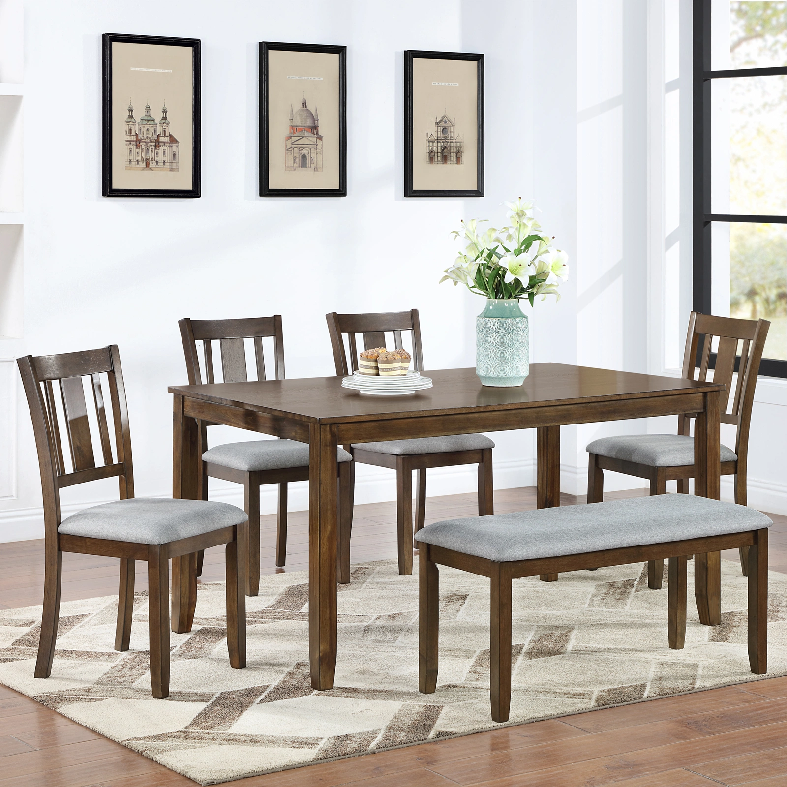 6 Piece Dining Table Set with 4 Upholstered Chairs & Bench, Rectangular Walnut Wood Dining Set for 6, Kitchen Table with Seating for Living Room