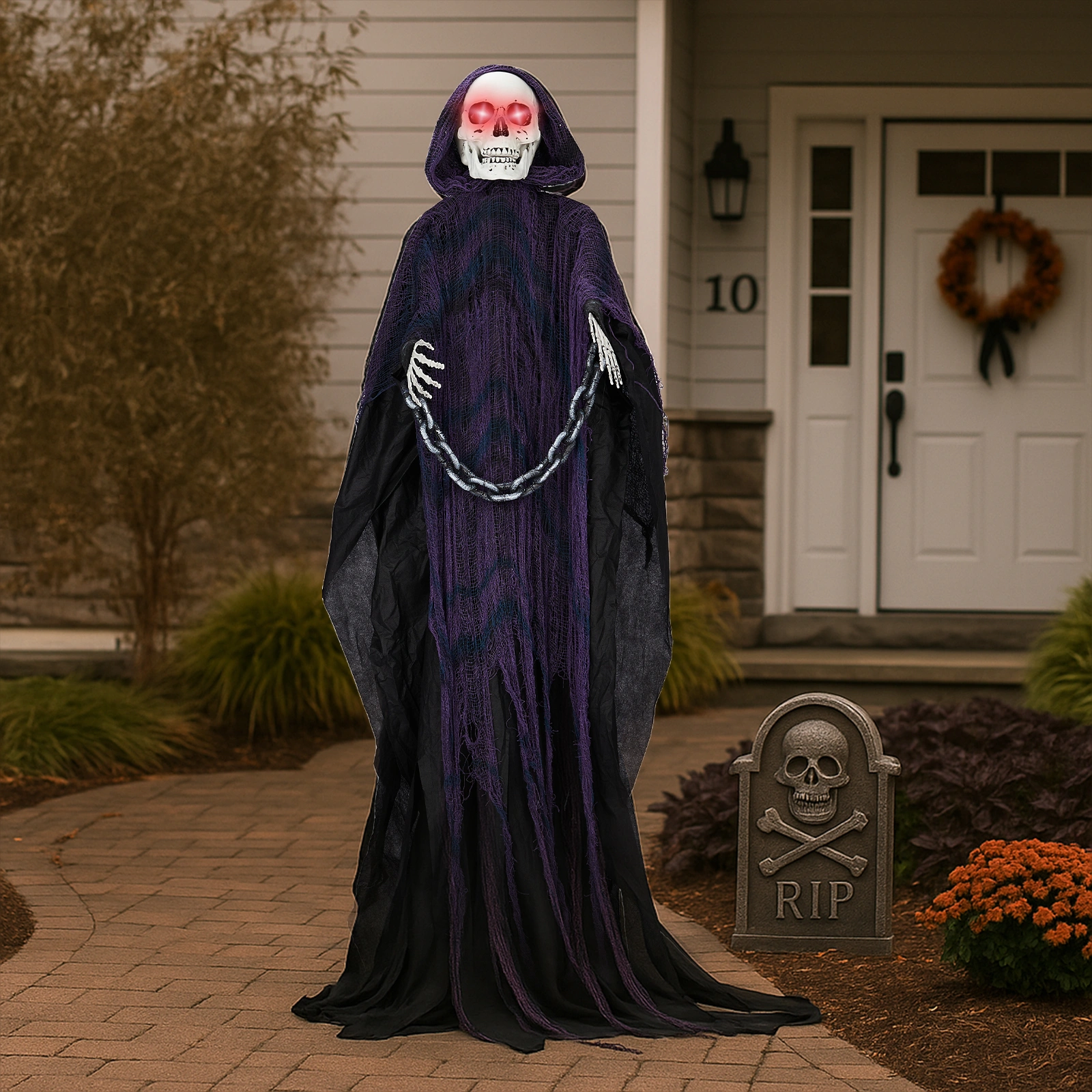 6ft Halloween Decorations Outdoor Life Size Animatronics Grim Reaper with Chain, Sound-Actived Party Decor with Creepy Sound, Scary Haunted House Props for Garden Yard Lawn view 12