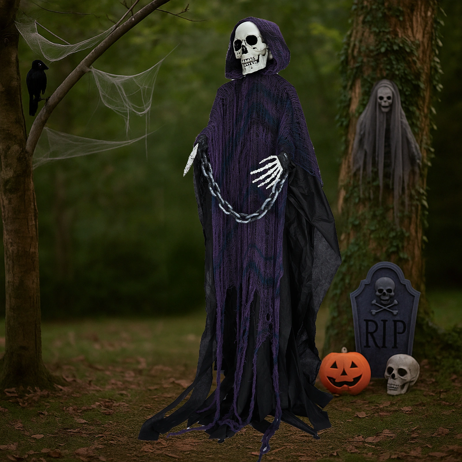 6ft Halloween Decorations Outdoor Life Size Animatronics Grim Reaper with Chain, Sound-Actived Party Decor with Creepy Sound, Scary Haunted House Props for Garden Yard Lawn view 14