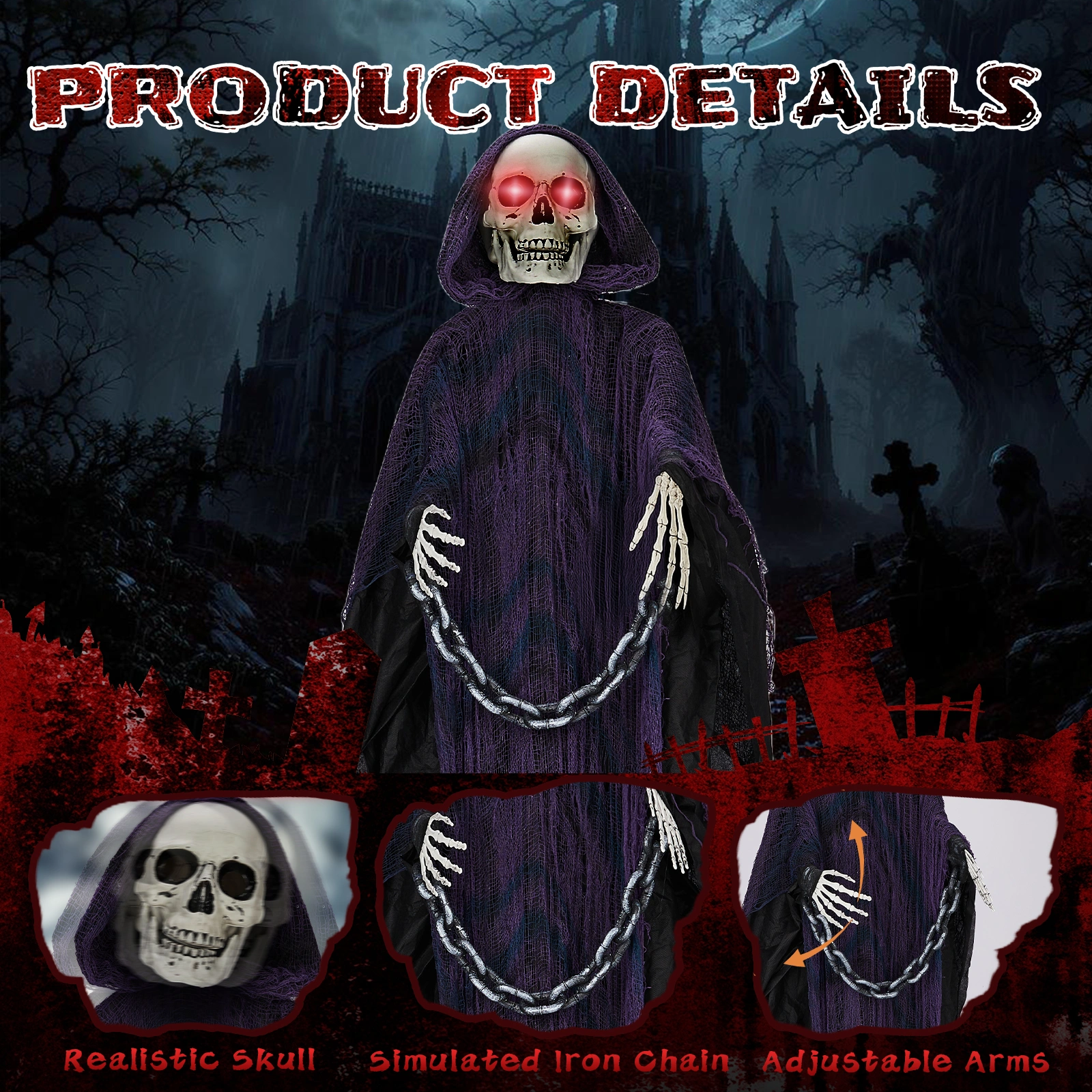 6ft Halloween Decorations Outdoor Life Size Animatronics Grim Reaper with Chain, Sound-Actived Party Decor with Creepy Sound, Scary Haunted House Props for Garden Yard Lawn view 5
