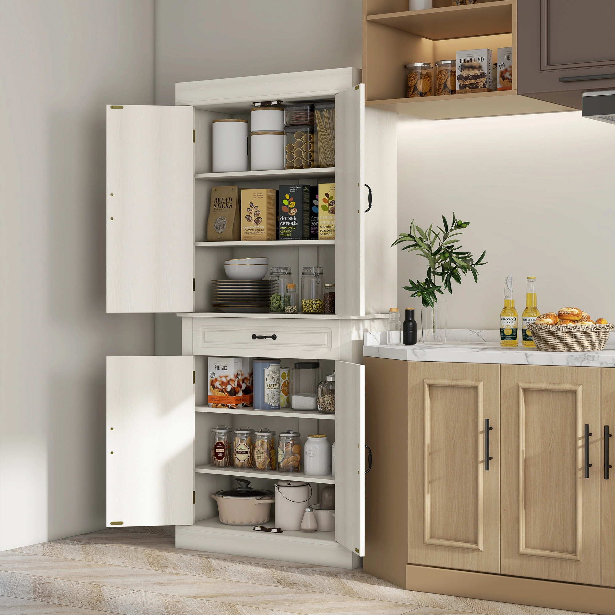 Modern Kitchen Storage Cabinet with Shelves, Freestanding Pantry Organizer for Dining Room view 2