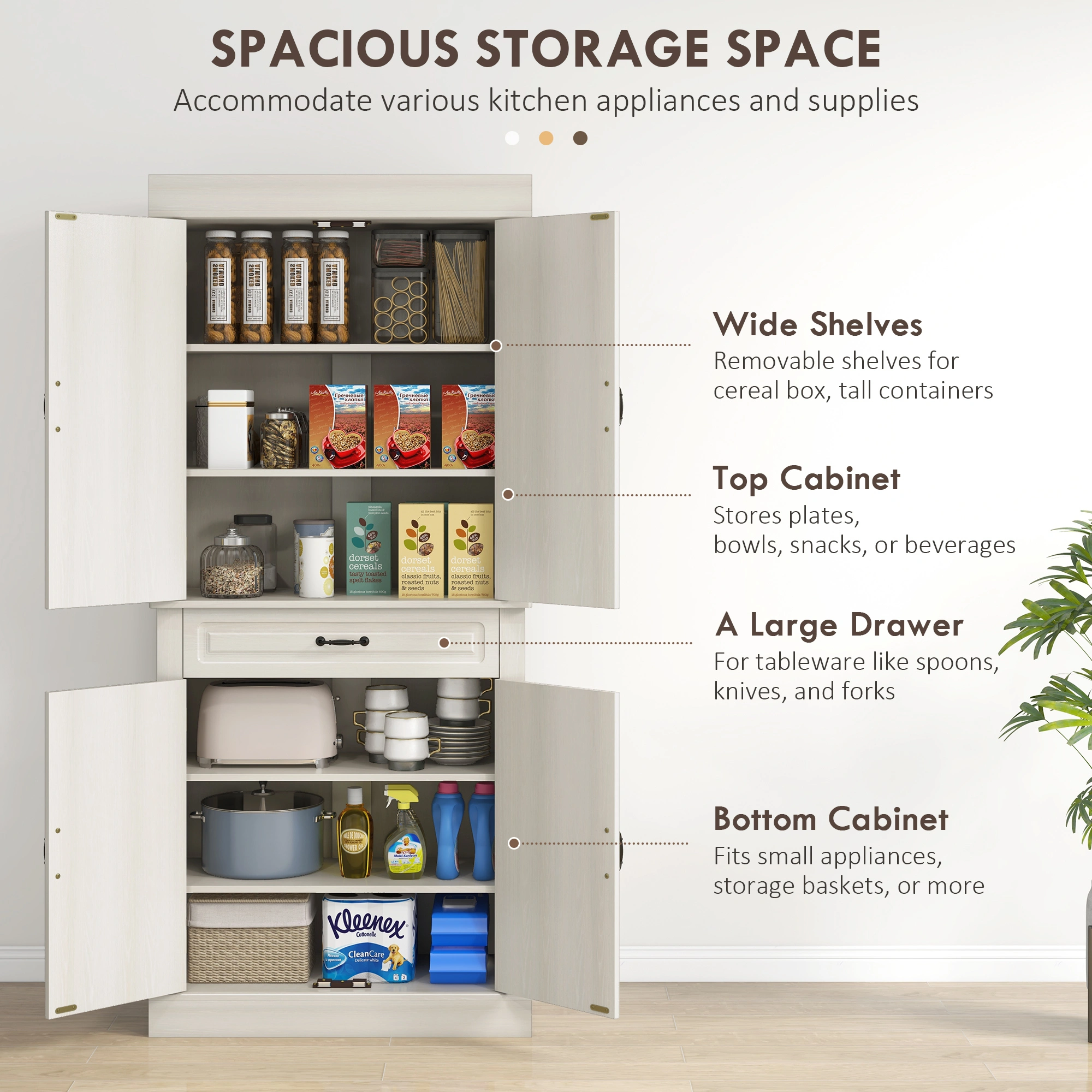 Modern Kitchen Storage Cabinet with Shelves, Freestanding Pantry Organizer for Dining Room view 4