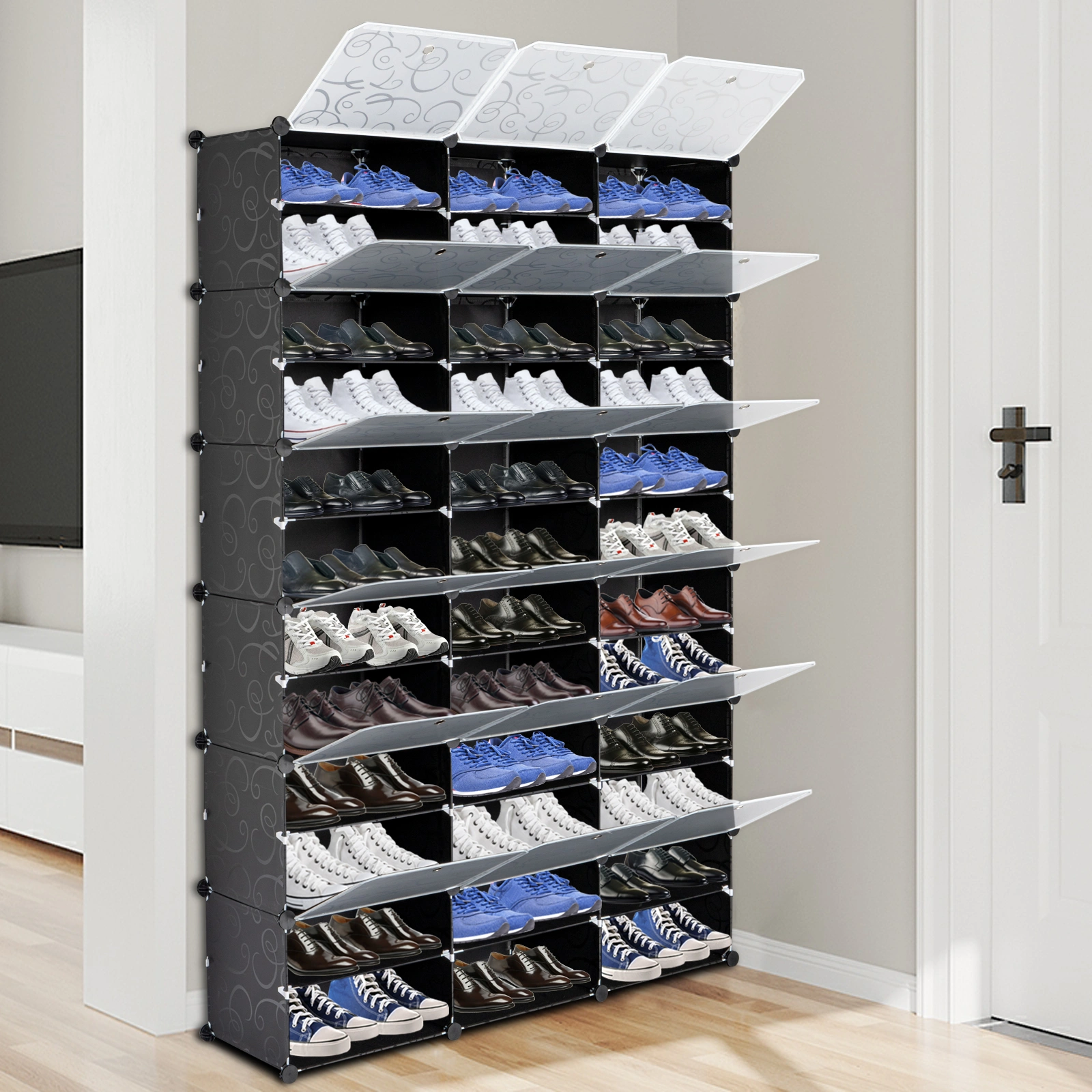 12-Tier Black Shoe Rack Organizer, 72 Pair Expandable Shoe Tower with 36 Grids, Portable Boot Storage Cabinet Stand for Heels Slippers