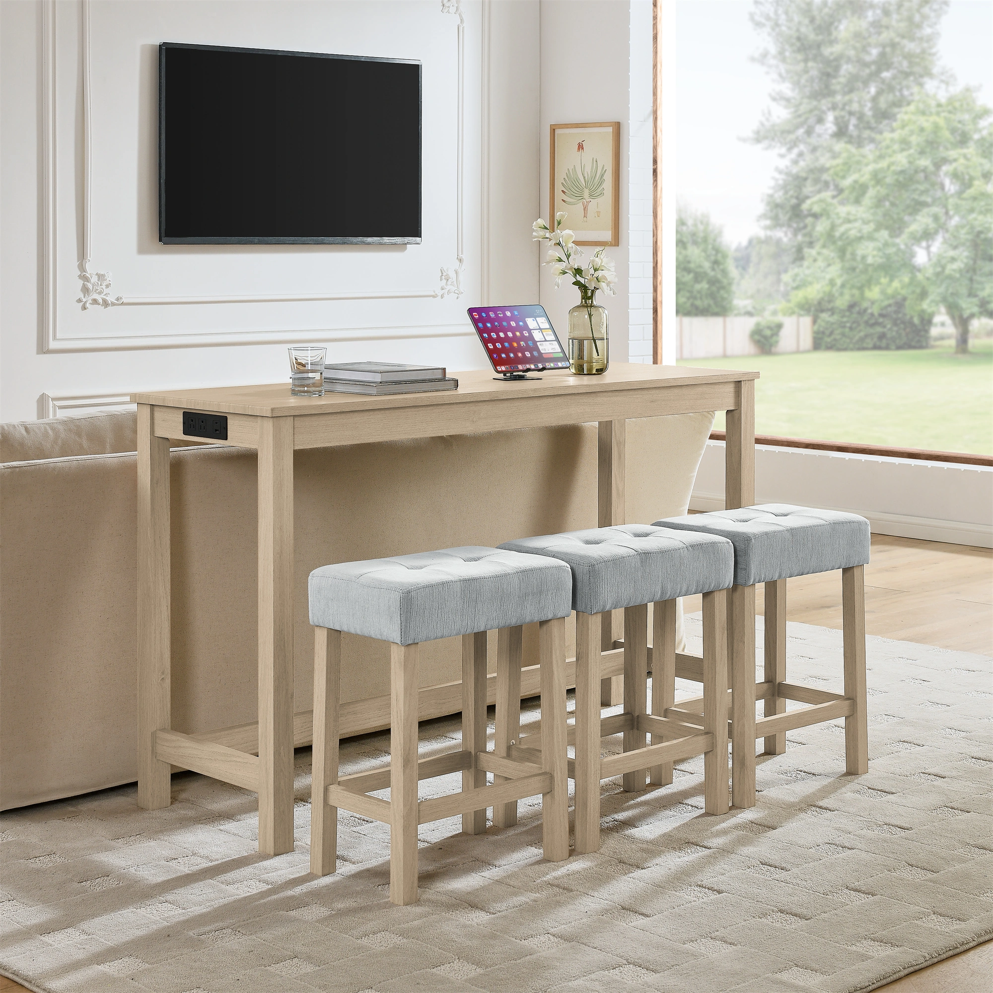 59 Inch Bar Table Set with Power Outlet & USB, 3 Upholstered Stools, High Top Dining Table for Living Room Kitchen with Storage Rack, 4 Piece Counter Height Table Set