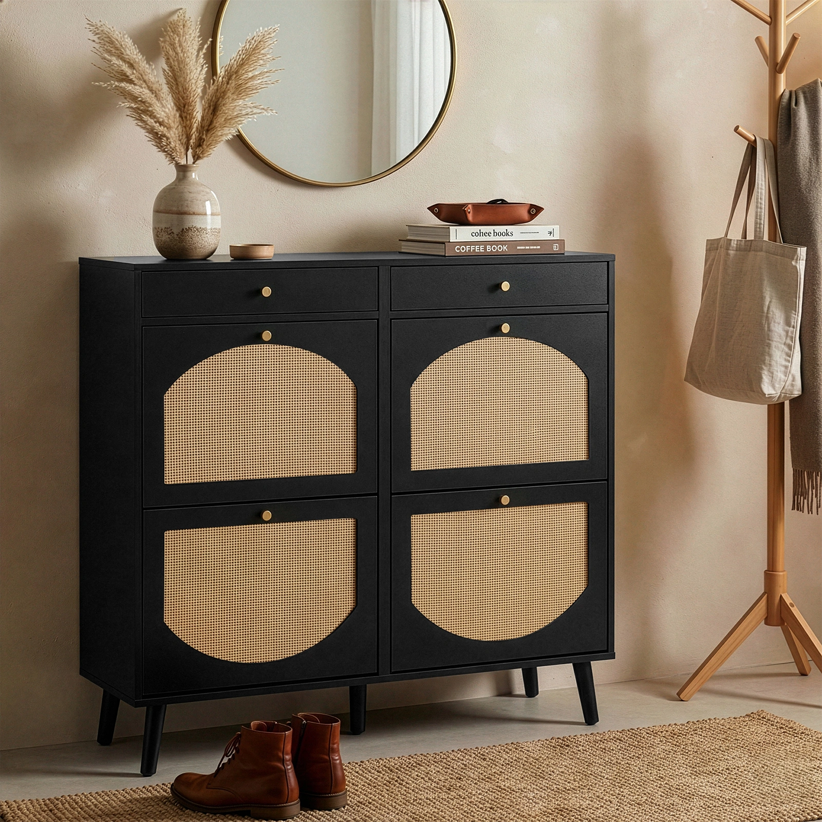 Rattan Shoe Cabinet 2 Drawers 4 Flip-Tops, Particleboard, 105x24x110cm, Black